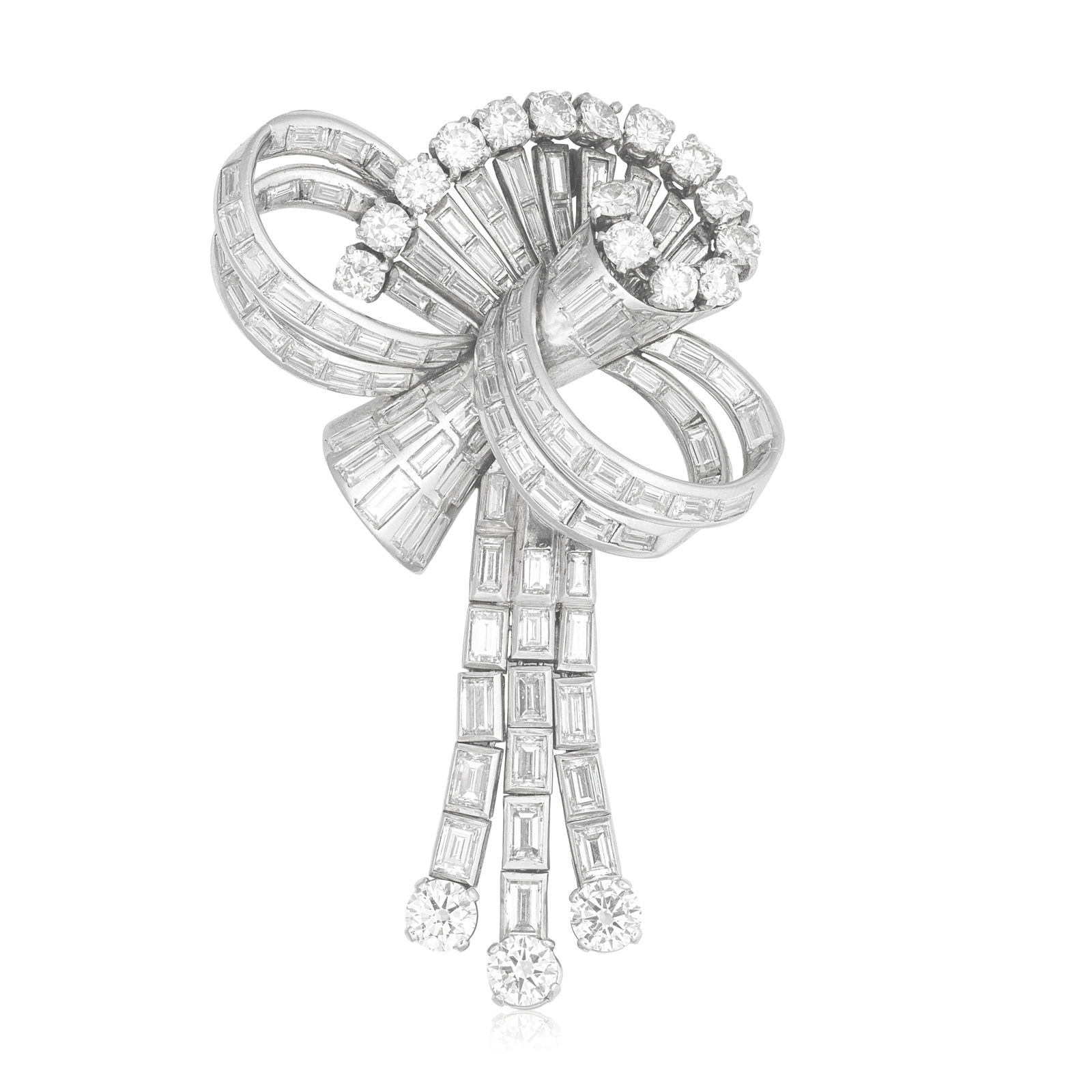 DIAMOND-SET BROOCH: DIAMOND-SET BROOCH The scroll top set with baguette and brilliant-cut diamonds, above an articulated cascade of further baguette and brilliant-cut diamonds, diamonds approx. 7.40cts total, length 6.5c