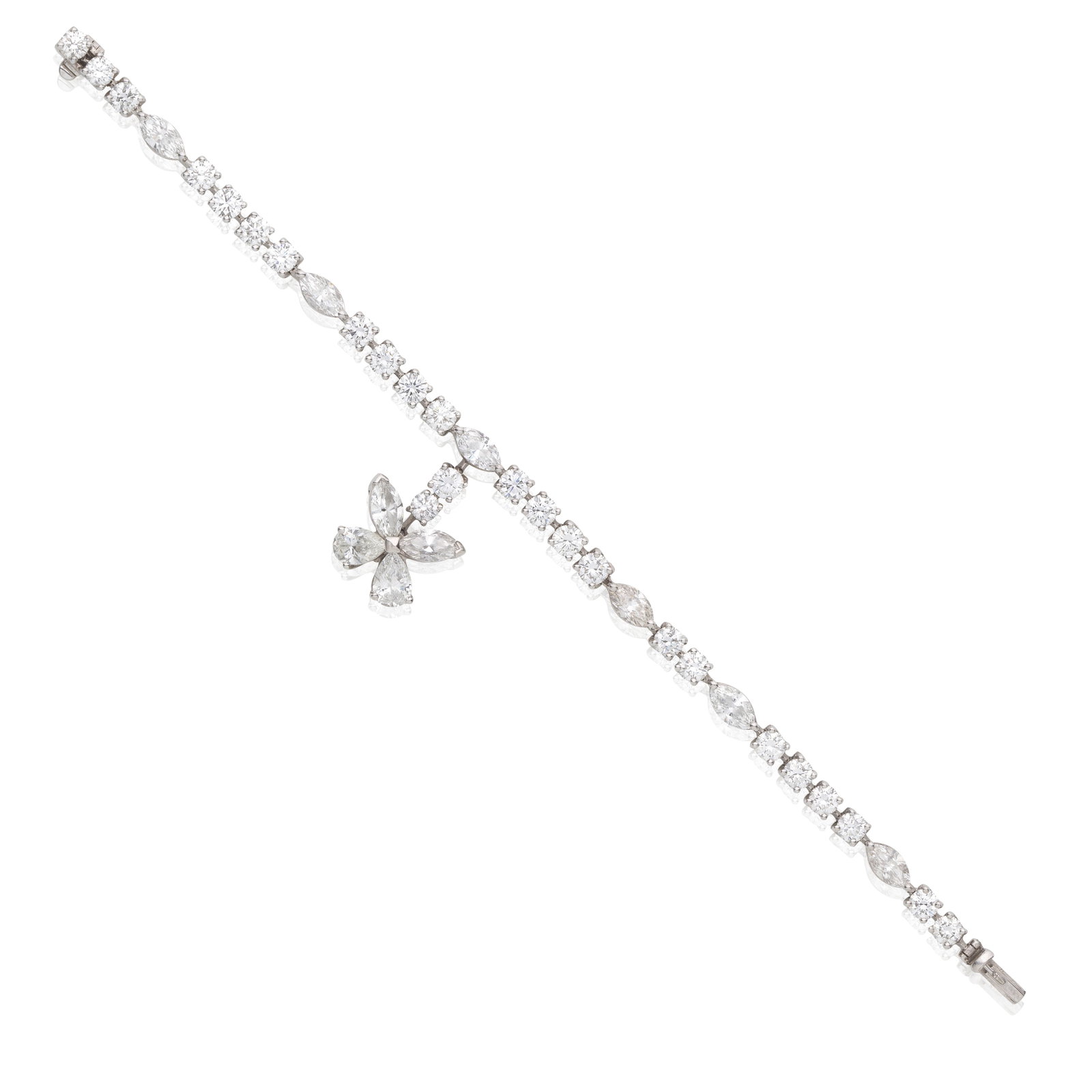 GRAFF: DIAMOND BUTTERFLY BRACELET: GRAFF: DIAMOND BUTTERFLY BRACELET Set throughout with brilliant and marquise-cut diamonds, suspending a marquise and pear-cut diamond butterfly, signed Graff, numbered 3385, diamonds approx. 9.20cts t