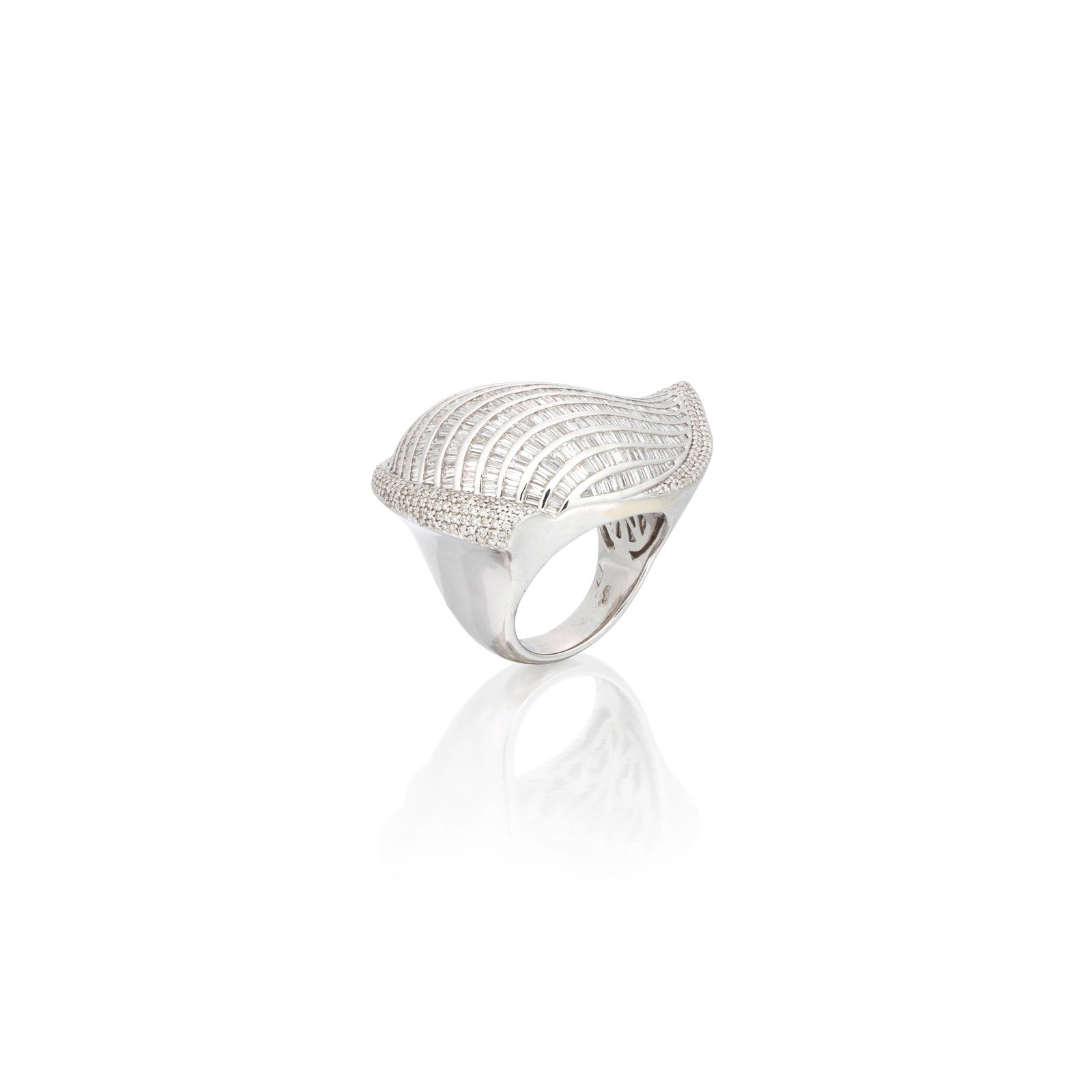 DIAMOND-SET DRESS RING: DIAMOND-SET DRESS RING Of boteh form, set with baguette, tapered baguette and brilliant-cut diamonds, diamonds approx. 3.15cts total, ring size approx. O For further information on this lot please vis