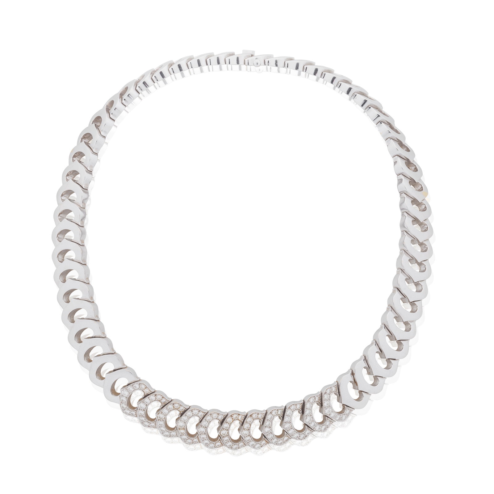 CARTIER: DIAMOND-SET 'C DE CARTIER' NECKLACE: CARTIER: DIAMOND-SET 'C DE CARTIER' NECKLACE Designed as an articulated series of c-shaped links, set to the front with brilliant-cut diamonds, signed Cartier, numbered 828179, maker's mark, French as