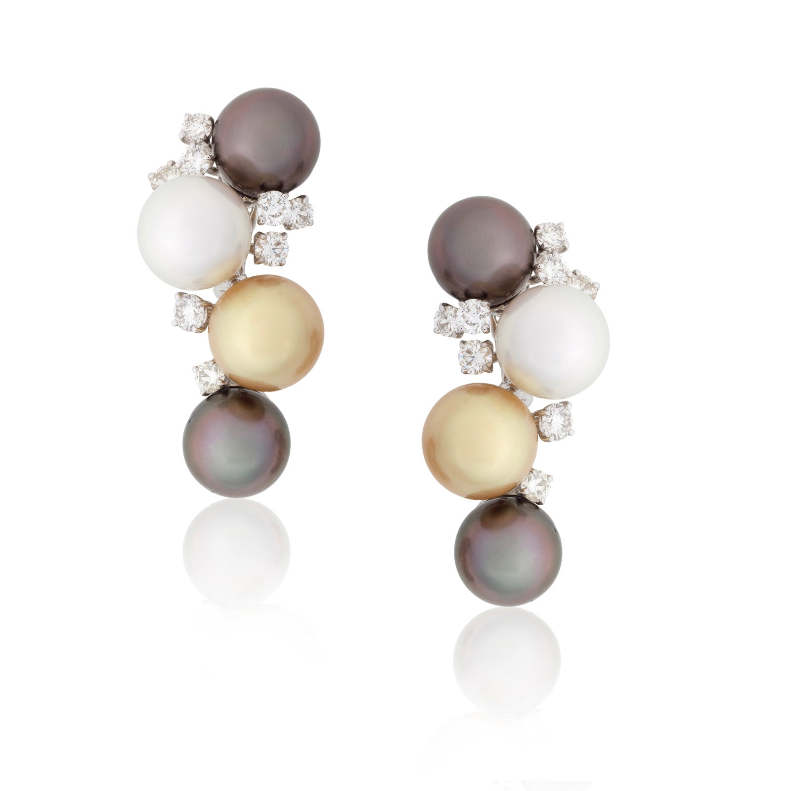 CULTURED PEARL AND DIAMOND EARRINGS: CULTURED PEARL AND DIAMOND EARRINGS The cultured pearls of white, grey and golden tints, accented by brilliant-cut diamonds, diamonds approx. 2.80cts total, length 3.8cm For further information on thi