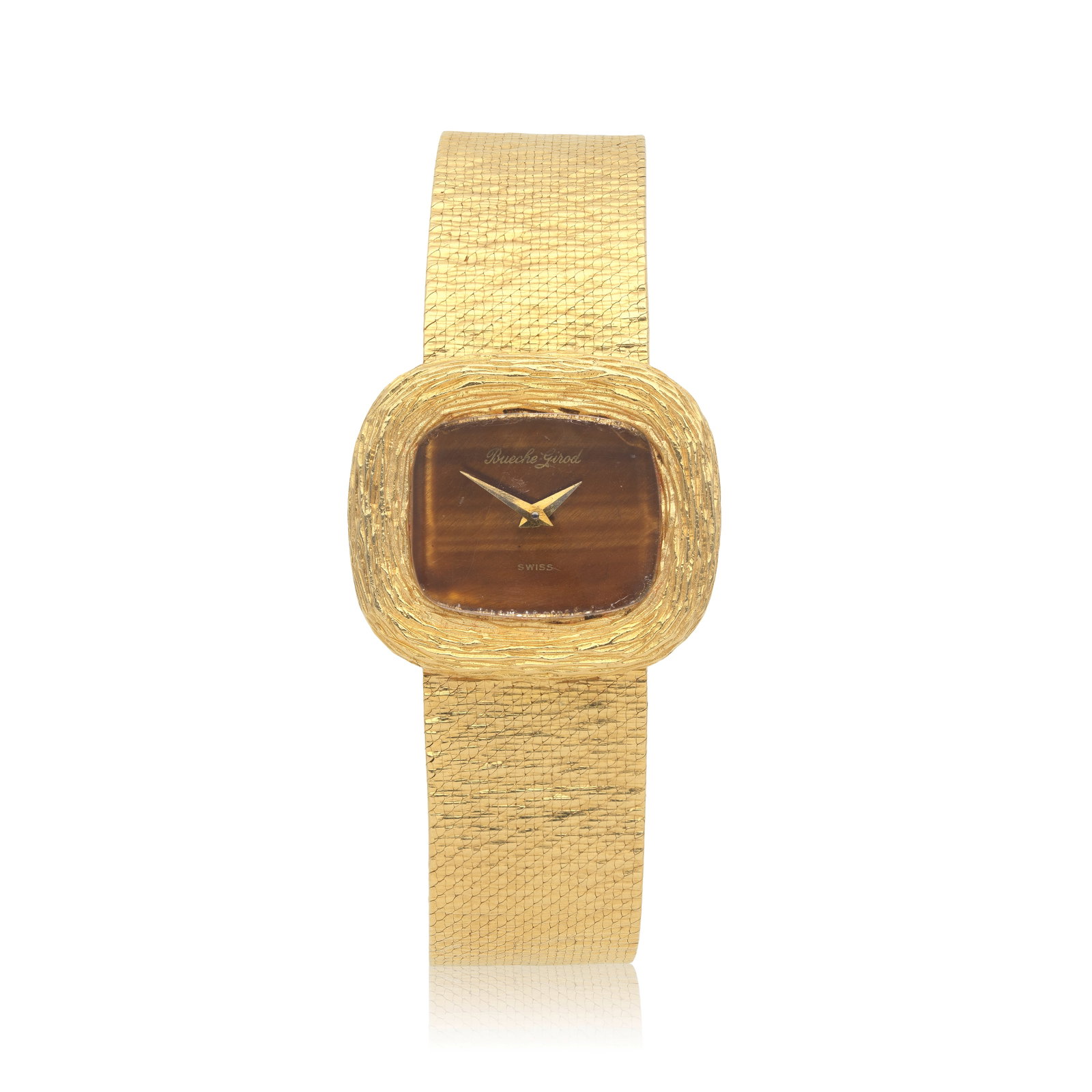 ROY KING FOR BUECHE-GIROD: TIGER'S EYE AND GOLD WATCH, 1970: ROY KING FOR BUECHE-GIROD: TIGER'S EYE AND GOLD WATCH, 1970 The tiger's eye dial set to an 18 carat gold textured strap, signed Bueche-Girod, maker's mark RCK, London hallmark, length 16.3cm For furth