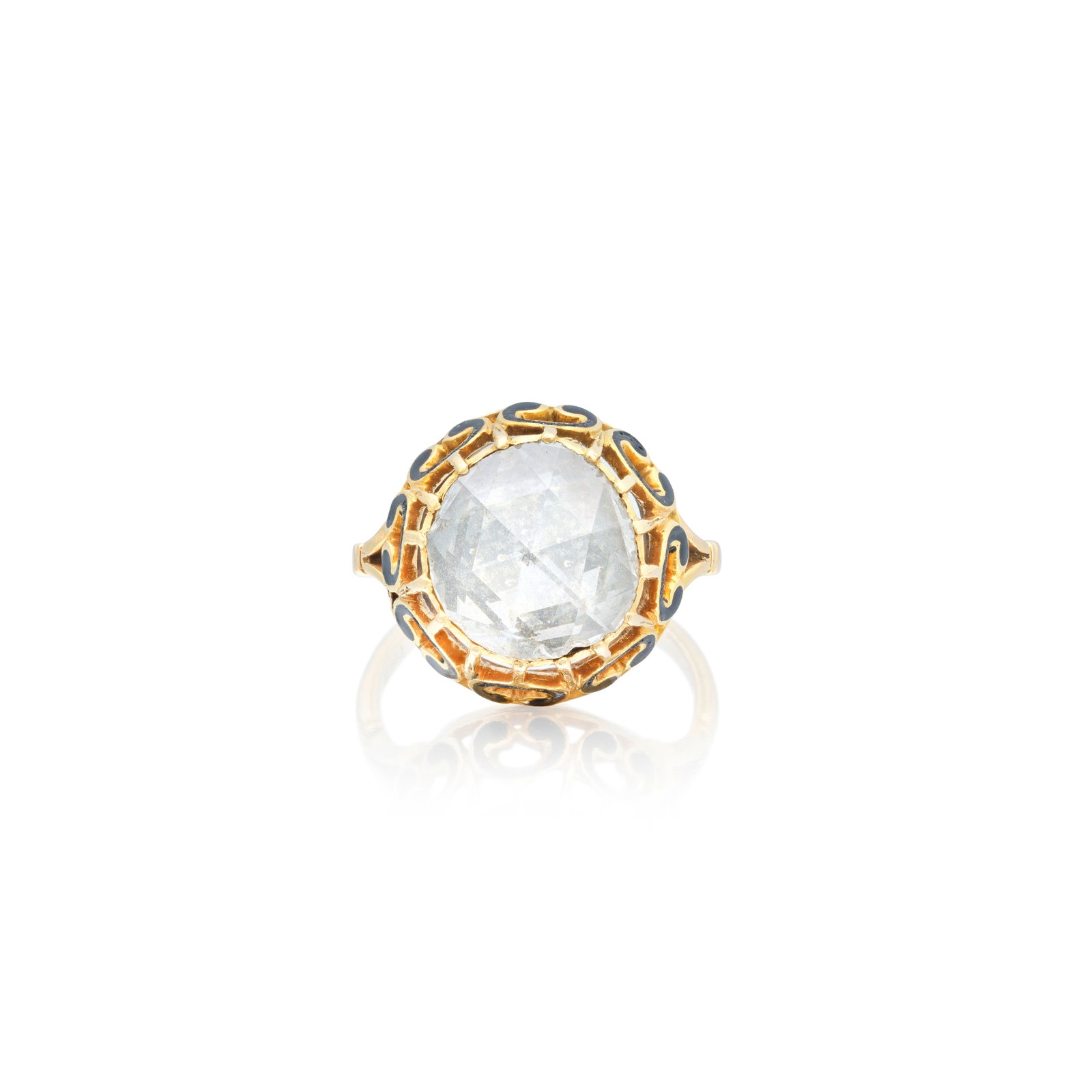 DIAMOND AND ENAMEL RING, LATE 19TH CENTURY: DIAMOND AND ENAMEL RING, LATE 19TH CENTURY The rose-cut diamond within a closed back setting, to an openwork gallery decorated with black enamel, ring size approx. J (hoop off-round) For further infor