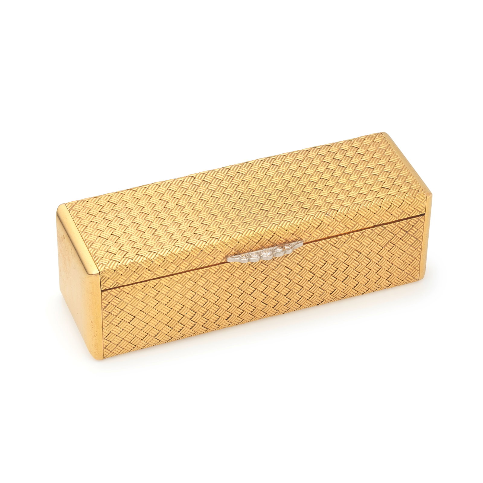 BOUCHERON: GOLD AND DIAMOND BOX, 1959: BOUCHERON: GOLD AND DIAMOND BOX, 1959 Of woven texture, the clasp set with brilliant-cut diamonds, signed Boucheron, maker's mark BMCo, London hallmark, dimensions 9.0 x 3.0 x 2.8 cm For further infor