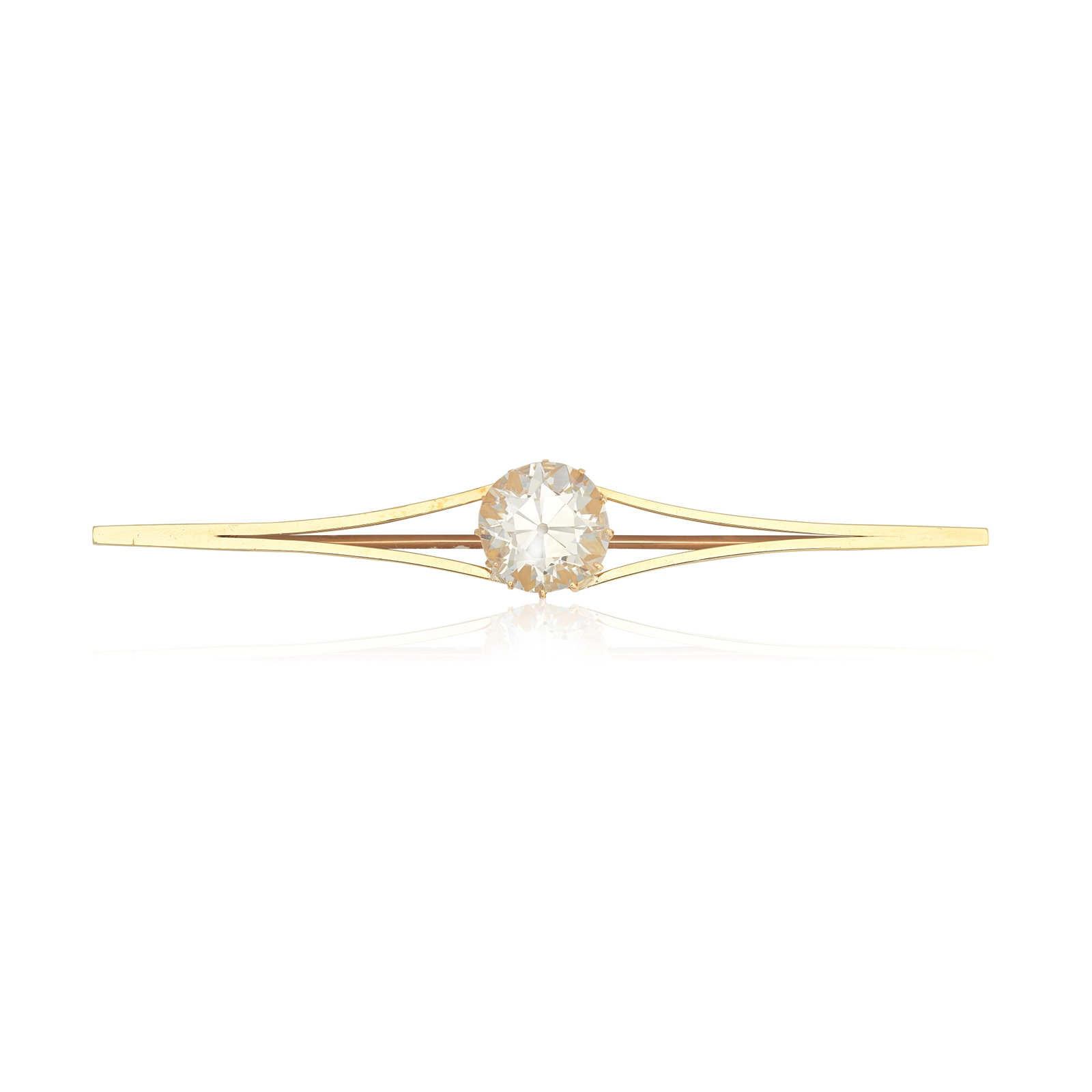 DIAMOND SINGLE-STONE BAR BROOCH: DIAMOND SINGLE-STONE BAR BROOCH The old brilliant-cut diamond weighing 3.59 carats, to a bifurcated bar brooch, length 6.5cm For further information on this lot please visit Bonhams.com