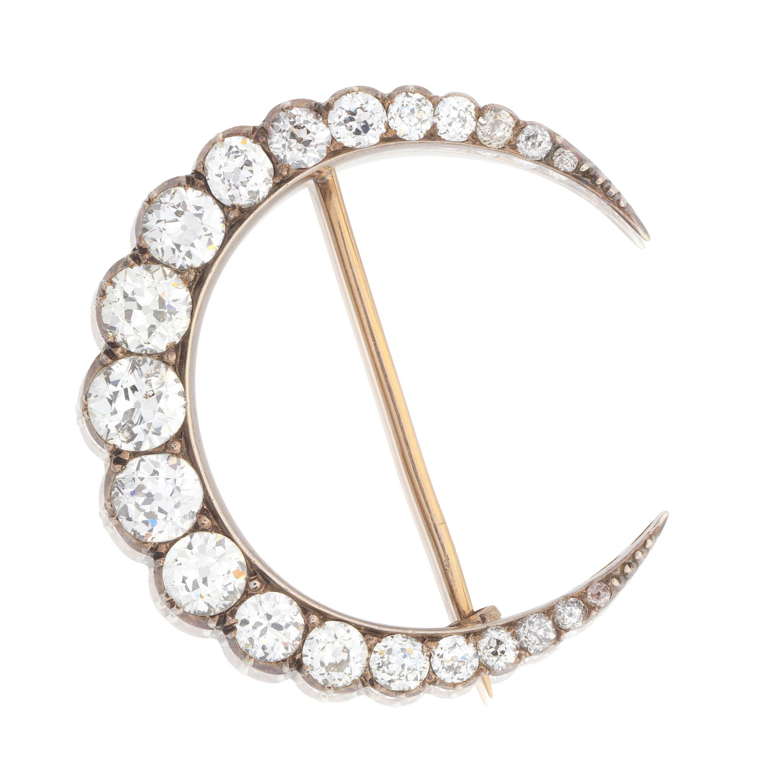 DIAMOND-SET CRESCENT BROOCH, CIRCA 1890: DIAMOND-SET CRESCENT BROOCH, CIRCA 1890 Set with graduating old brilliant-cut diamonds, mounted in silver and gold, diamonds approx. 4.30cts total, length 3.4cm For further information on this lot ple