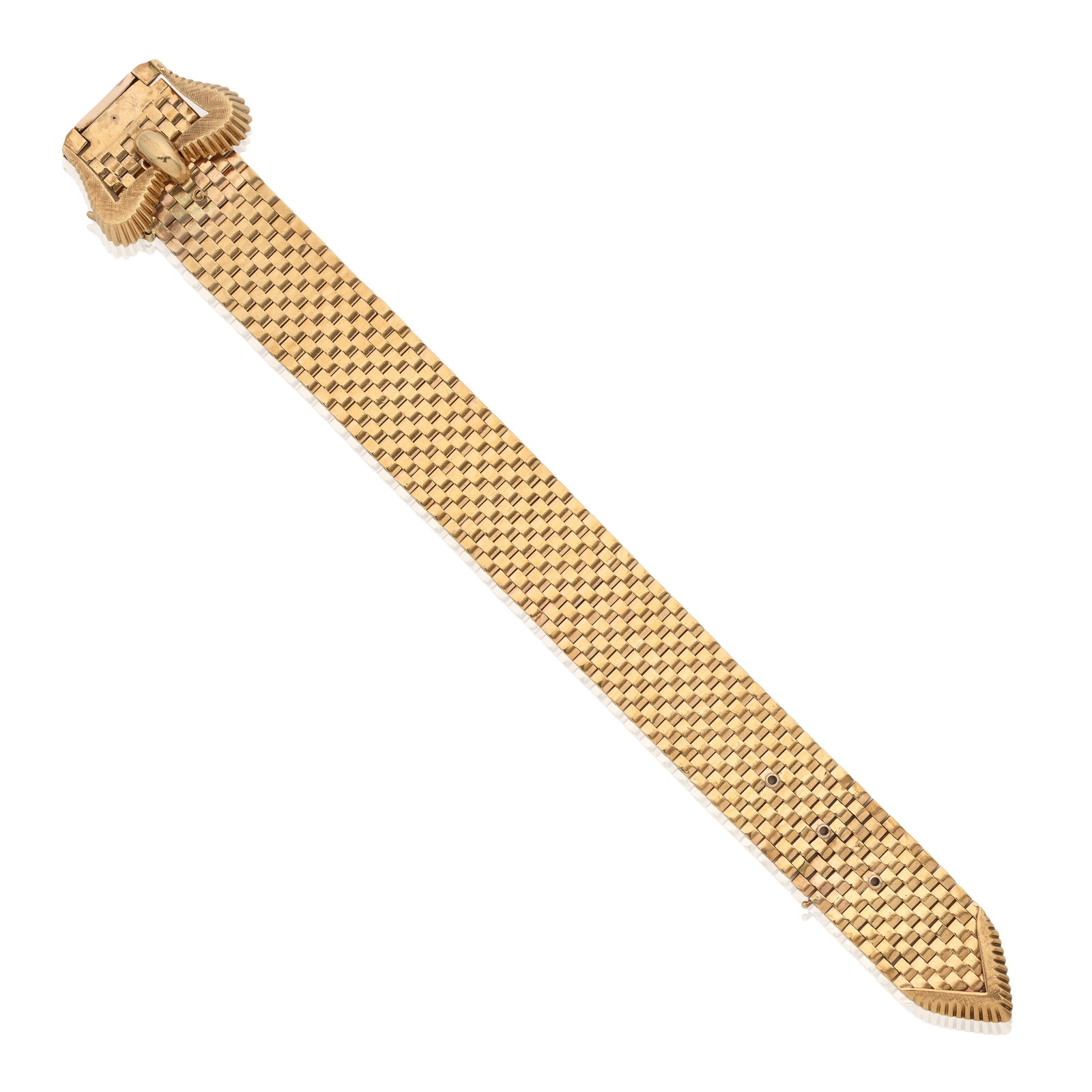 KUTCHINSKY: JARRETIÈRE BRACELET, 1973: KUTCHINSKY: JARRETIÈRE BRACELET, 1973 The 9 carat gold bracelet of articulated linking, the buckle of reeded design, signed Kutchinsky, London hallmark, length 24.7cm (adjustable) For further