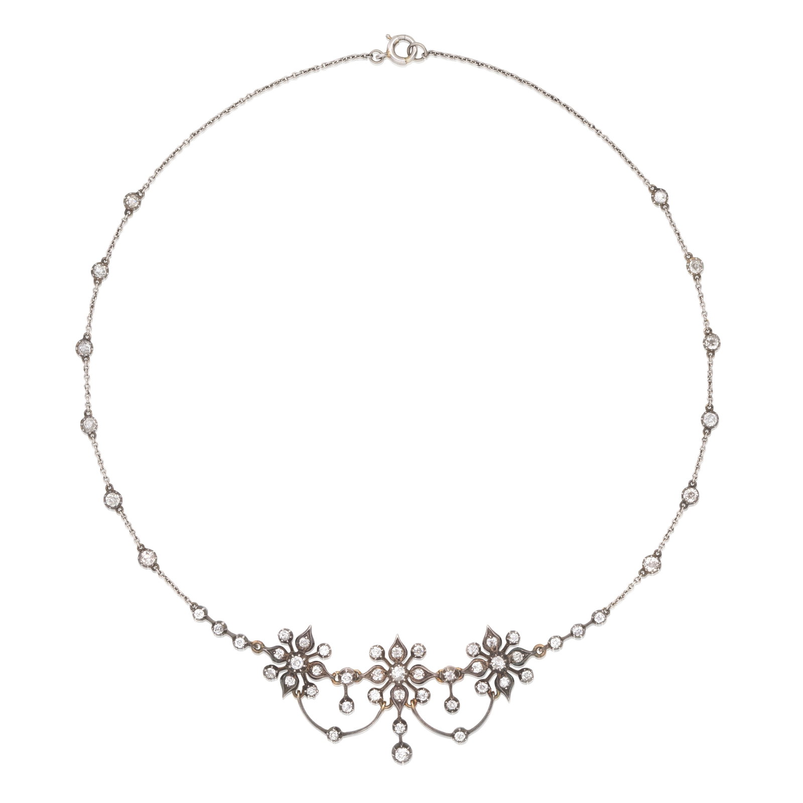 DIAMOND NECKLACE, CIRCA 1890: DIAMOND NECKLACE, CIRCA 1890 The frontispiece of three flower motifs with swag accents, set with old cushion and single-cut diamonds, mounted in silver and gold, diamonds approx. 2.95cts total, length