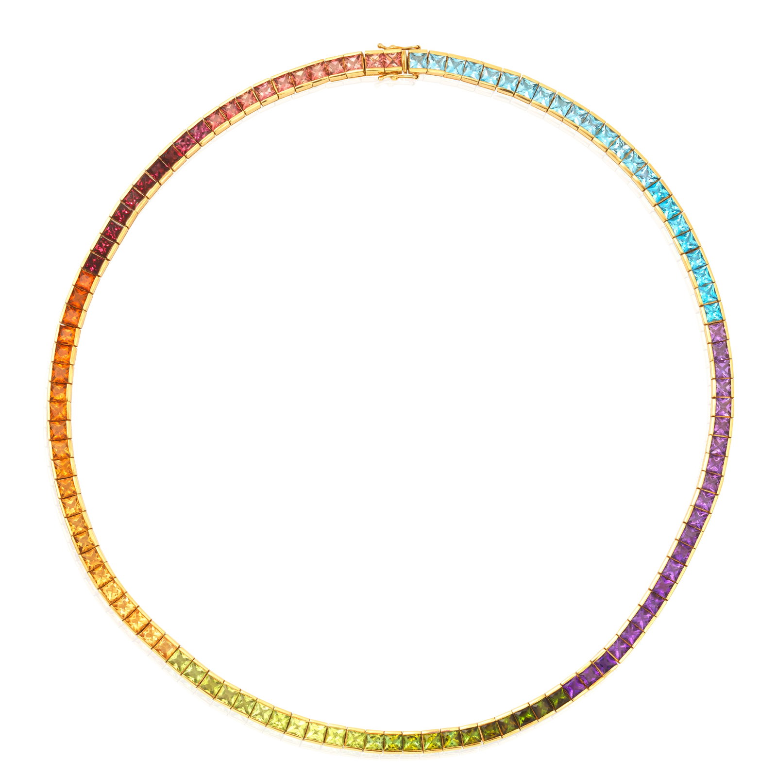 MULTI-GEM NECKLACE: MULTI-GEM NECKLACE Set with vari-coloured gemstones including square-cut peridot, citrine, vari-coloured tourmaline, amethyst and blue topaz, length 18.5cm Footnotes: Private Single Owner Collection L