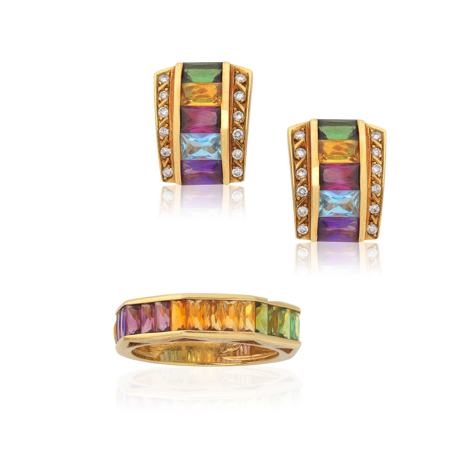 MULTI-GEM RING AND EARRINGS: MULTI-GEM RING AND EARRINGS Set to the front with rectangular-cut gemstones including amethyst, blue topaz, peridot, citrine and tourmaline, the earrings accented by brilliant-cut diamonds, ring size 