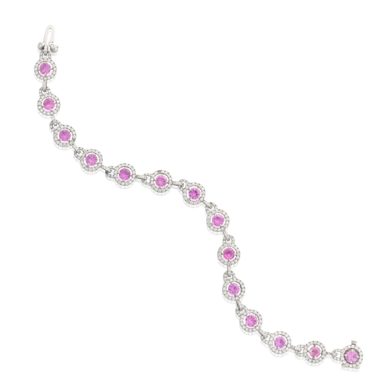 DAVID MORRIS: PINK SAPPHIRE AND DIAMOND BRACELET: DAVID MORRIS: PINK SAPPHIRE AND DIAMOND BRACELET Set with circular-cut pink sapphires to a single-cut diamond surround, signed David Morris, diamonds approx. 1.90cts total, length 19.0cm Footnotes: Pr