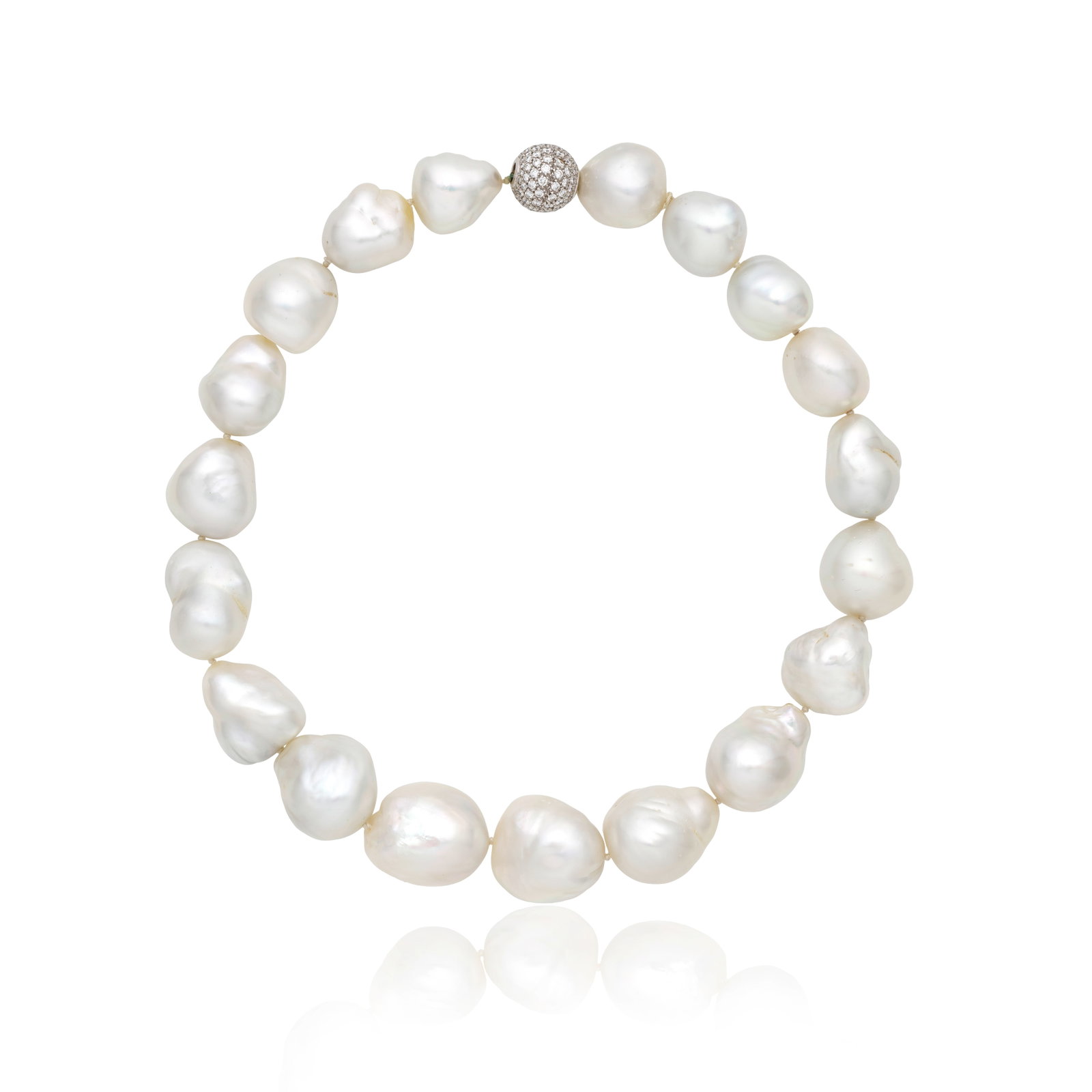 CULTURED PEARL AND DIAMOND NECKLACE: CULTURED PEARL AND DIAMOND NECKLACE The single row of 19.0 - 26.0mm baroque pearls, to a brilliant-cut diamond-set clasp, diamonds approx. 2.30cts total, length 44.0cm Footnotes: Private Single Owner 