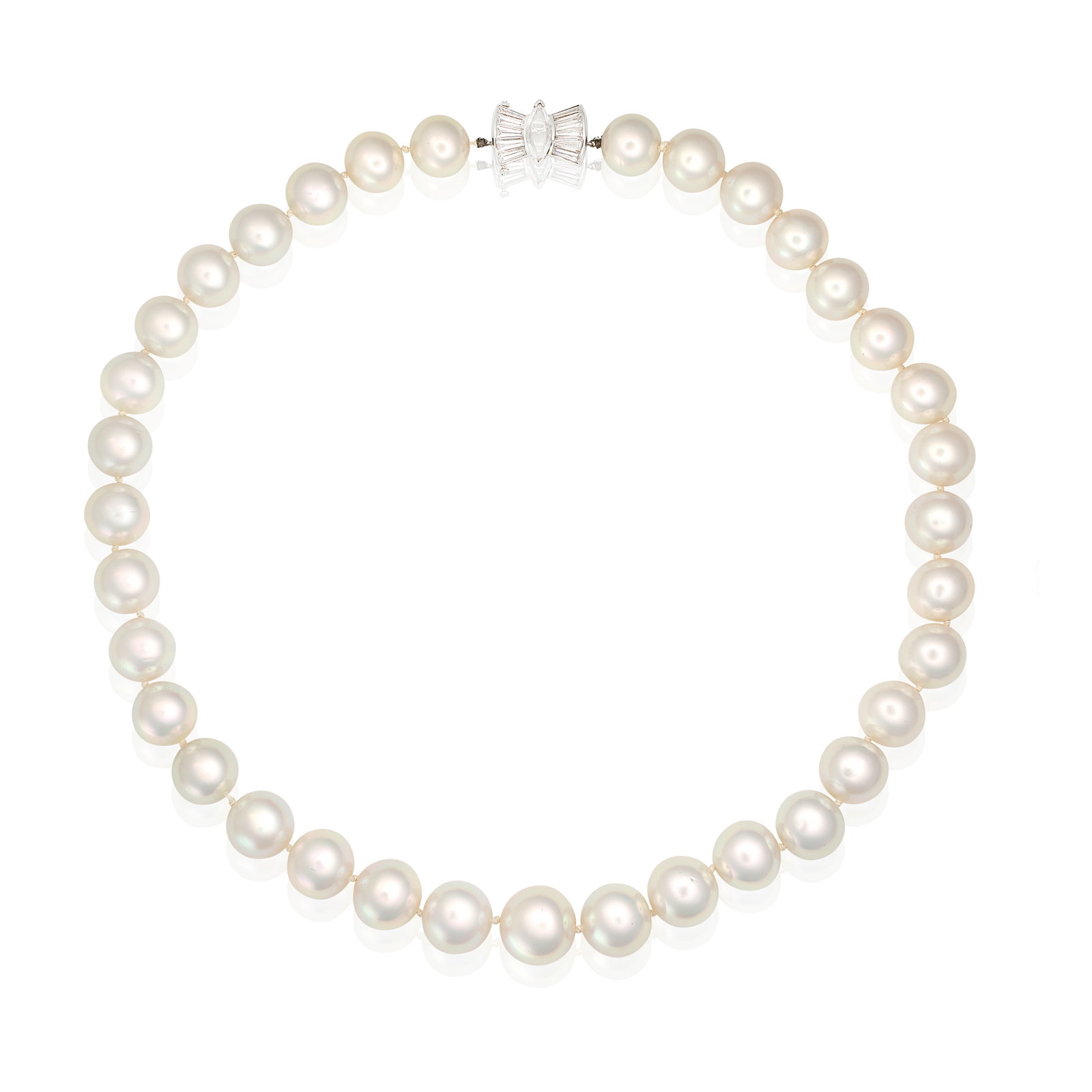CULTURED PEARL AND DIAMOND NECKLACE: CULTURED PEARL AND DIAMOND NECKLACE The single row of 12.0 - 14.5mm cultured pearls, on a marquise shaped rose-cut diamond and tapered baguette-cut diamond clasp, clasp signed VCA, numbered NY28976, l