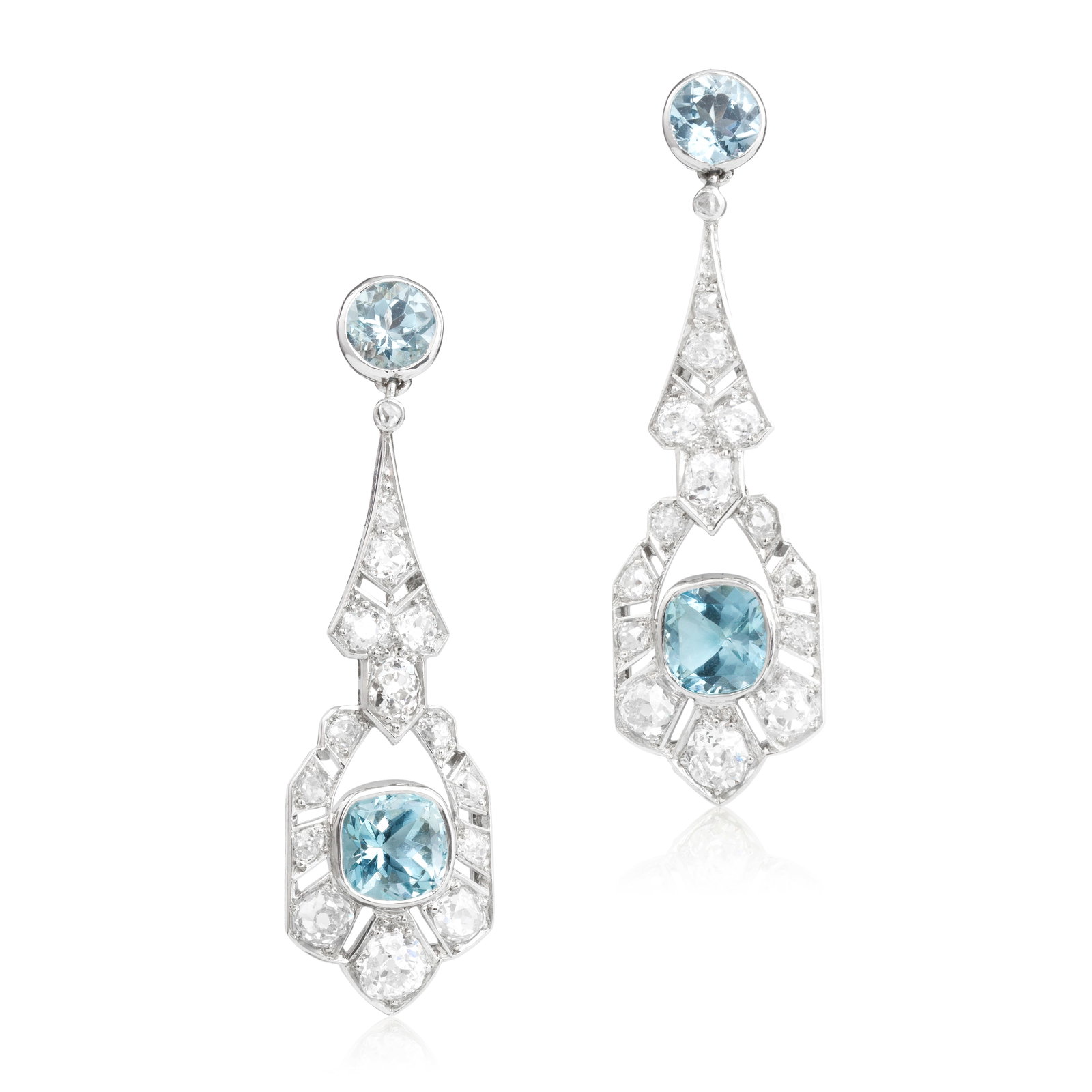 AQUAMARINE AND DIAMOND PENDENT EARRINGS, CIRCA 1920 AND LATER: AQUAMARINE AND DIAMOND PENDENT EARRINGS, CIRCA 1920 AND LATER Each circular-cut aquamarine suspending a pendent of openwork design set with a cushion-cut aquamarine within an old cushion and single-cu