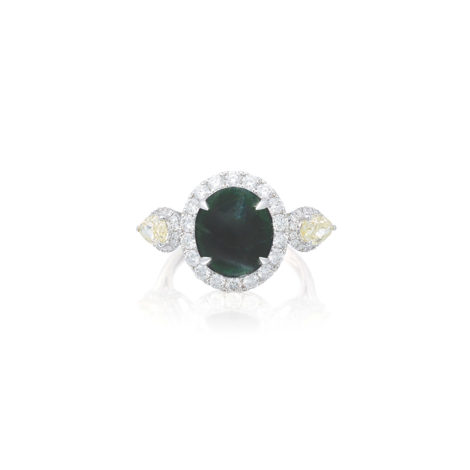 HARLE PARIS: JADE, DIAMOND AND COLOURED DIAMOND RING: HARLE PARIS: JADE, DIAMOND AND COLOURED DIAMOND RING The jade cabochon to a surround of brilliant-cut diamonds, between shoulders of pear-cut diamonds of yellow tint, mounted in 18 carat white gold, c