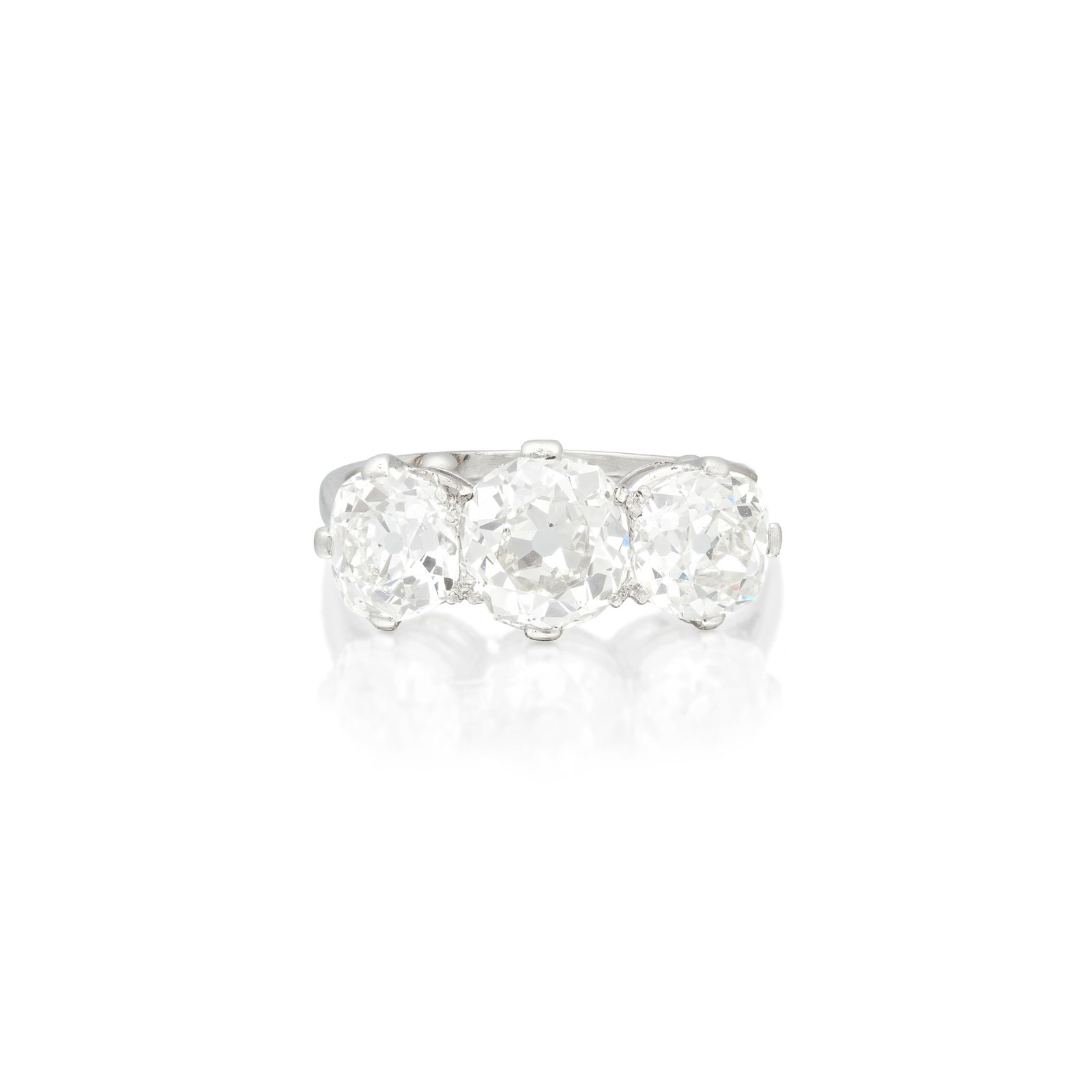DIAMOND THREE-STONE RING: DIAMOND THREE-STONE RING The principal old cushion-cut diamond weighing 1.47 carats, between two similarly-cut diamonds, ring size approx. J (sizing beads) For further information on this lot please v