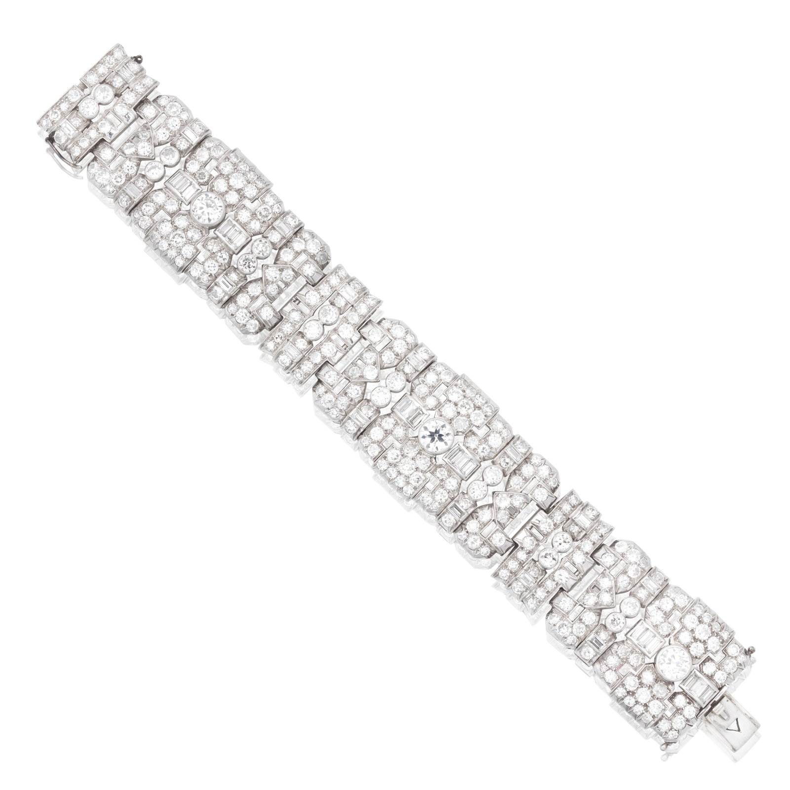 DIAMOND BRACELET, CIRCA 1930: DIAMOND BRACELET, CIRCA 1930 The geometric openwork links set throughout with old brilliant, single and baguette-cut diamonds, mounted in platinum, diamonds approx. 14.00cts total, length 17.0cm For