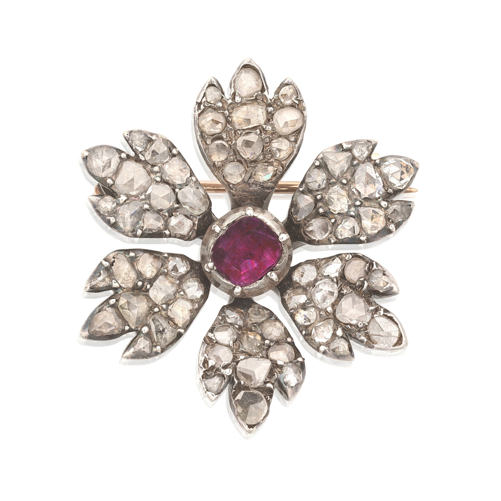 RUBY AND DIAMOND FLOWER PENDANT/BROOCH, CIRCA 1800: RUBY AND DIAMOND FLOWER PENDANT/BROOCH, CIRCA 1800 The cushion-cut ruby to petals of rose-cut diamonds, within closed back settings, mounted in silver, later brooch fitting, length 2.9cm For further i