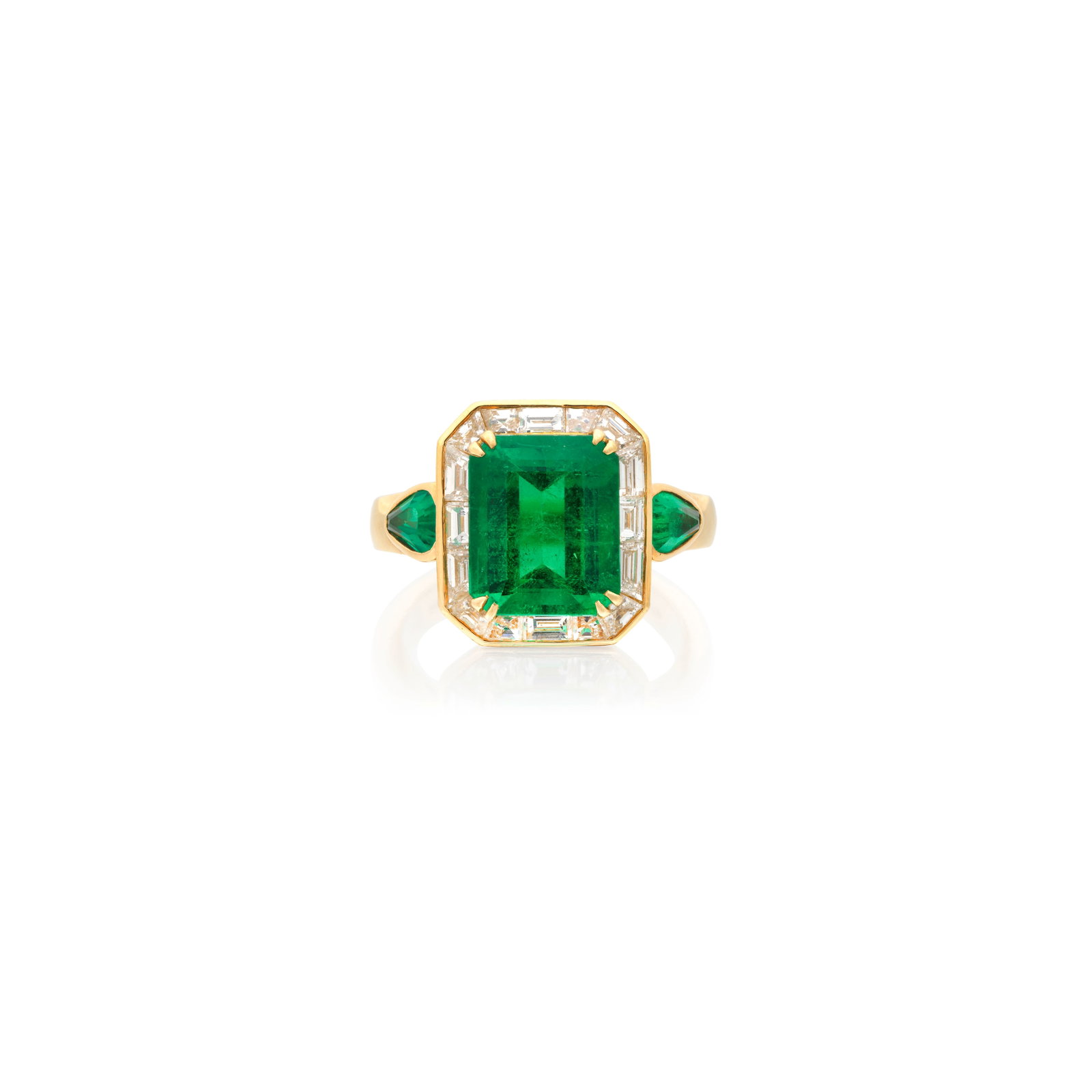 ANNE BAILEY: EMERALD AND DIAMOND RING,: ANNE BAILEY: EMERALD AND DIAMOND RING, 2016 The octagonal step-cut emerald weighing 4.26 carats, within a baguette and calibré-cut diamond surround, between pear-cut emerald shoulders, mounted in