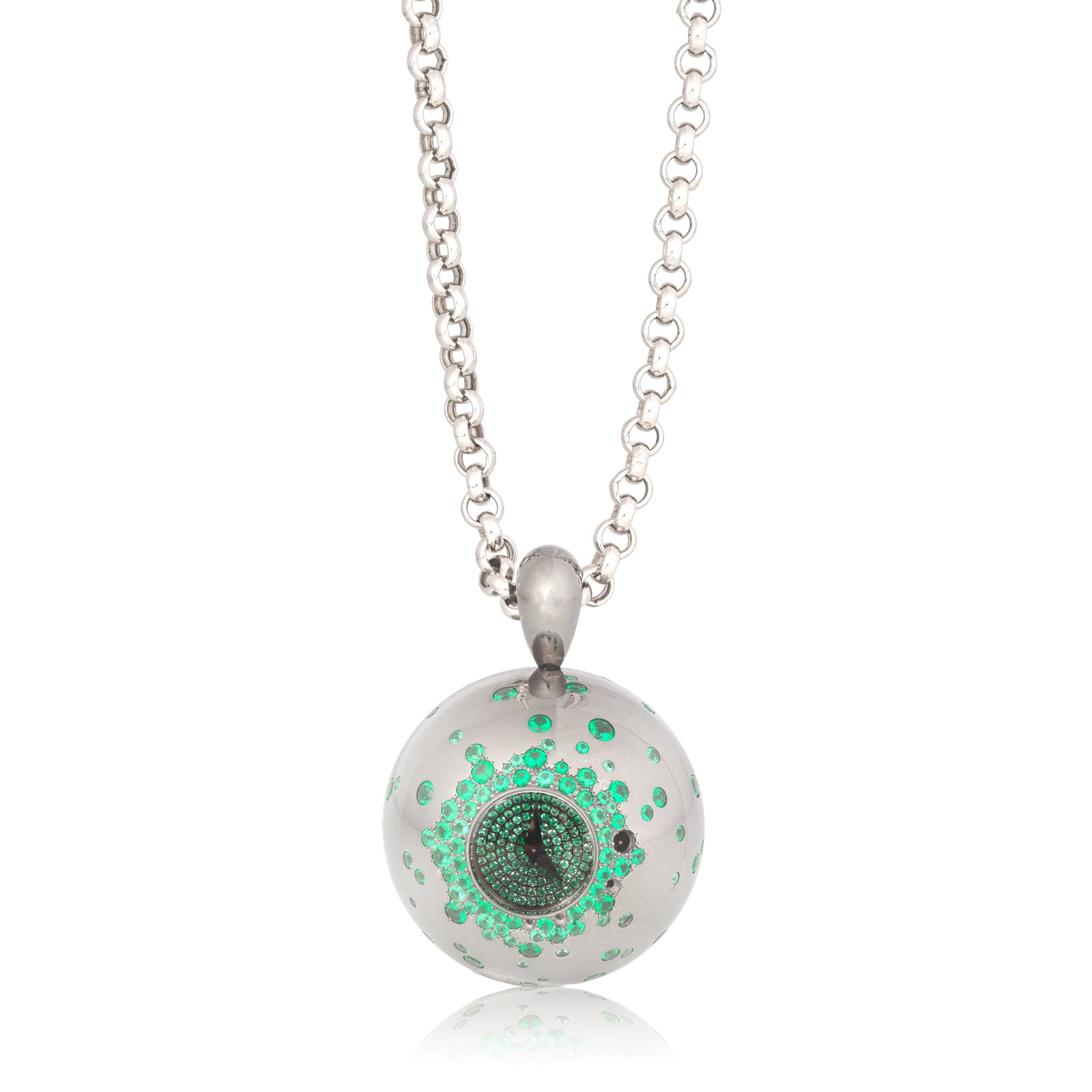 DE GRISOGONO: EMERALD-SET 'BOULE' WATCH PENDANT/NECKLACE,: DE GRISOGONO: EMERALD-SET 'BOULE' WATCH PENDANT/NECKLACE, Designed as a sphere with circular-cut emeralds randomly set throughout, the dial pavé-set with similarly-cut emeralds, the reverse of sc