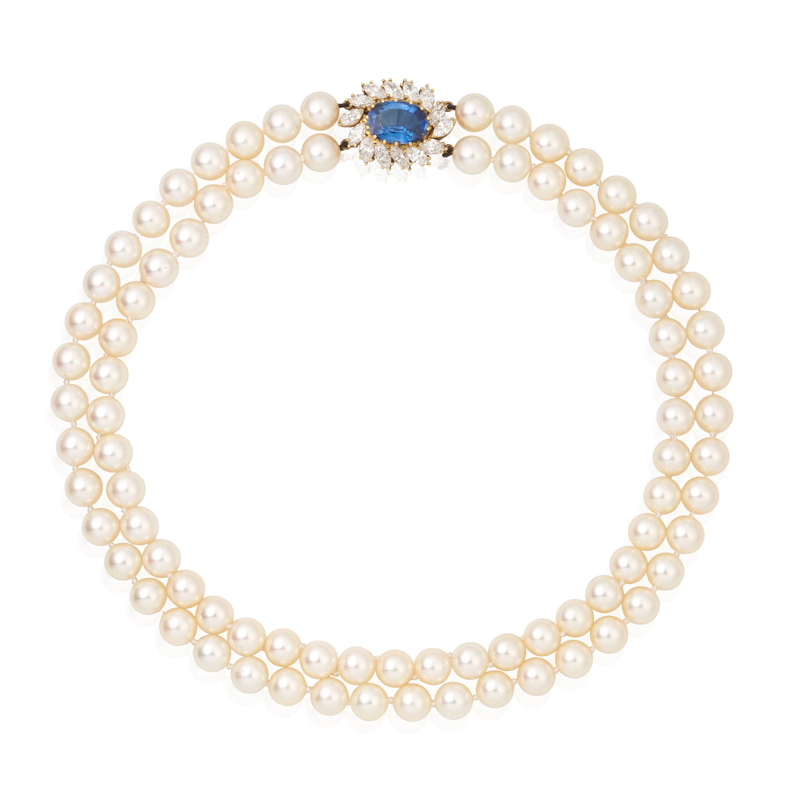 SAPPHIRE, DIAMOND AND CULTURED PEARL NECKLACE: SAPPHIRE, DIAMOND AND CULTURED PEARL NECKLACE Two rows of cultured pearls set to an oval-cut sapphire and marquise-cut diamond clasp, sapphire very approx. 4.00cts, diamonds approx. 2.60cts total, len