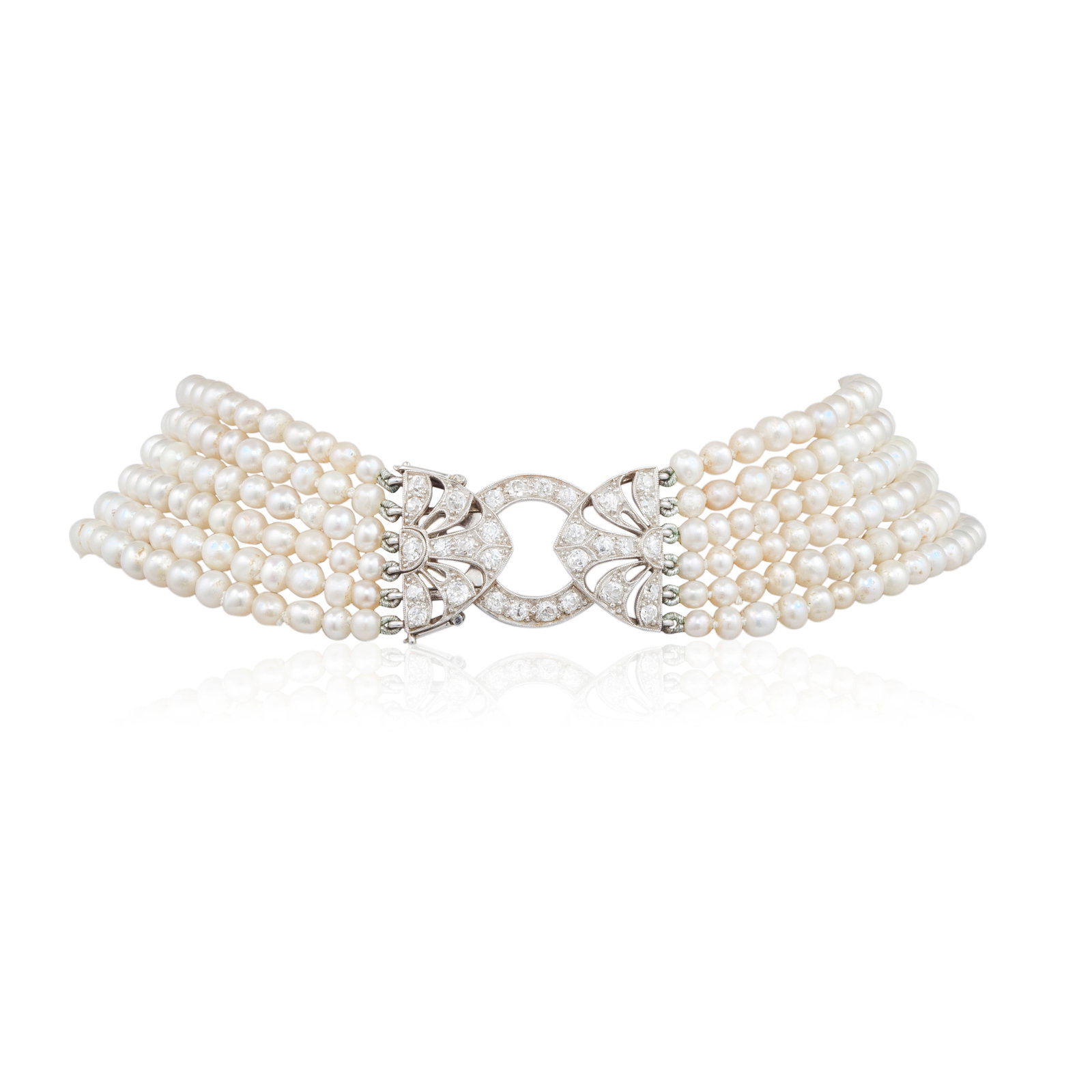 CULTURED PEARL AND DIAMOND CHOKER NECKLACE: CULTURED PEARL AND DIAMOND CHOKER NECKLACE Six rows of graduating cultured pearls, to an openwork clasp of old single and brilliant-cut diamonds, diamonds approx. 1.20cts total, length of shortest row