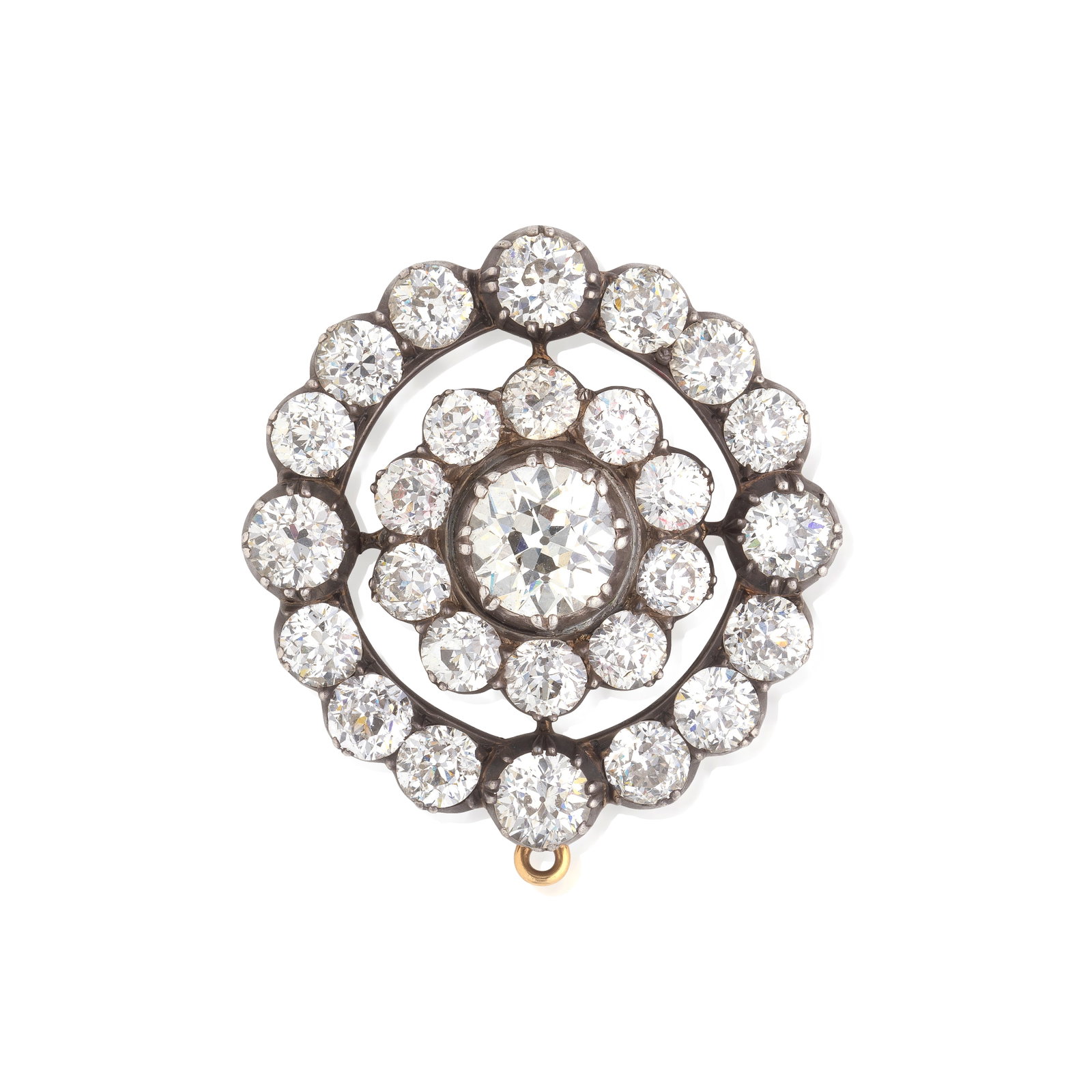 DIAMOND TARGET BROOCH/PENDANT, CIRCA 1890: DIAMOND TARGET BROOCH/PENDANT, CIRCA 1890 The openwork cluster set with old brilliant-cut diamonds, mounted in silver and gold, accompanied by a later four row cultured pearl necklace with pendant fra