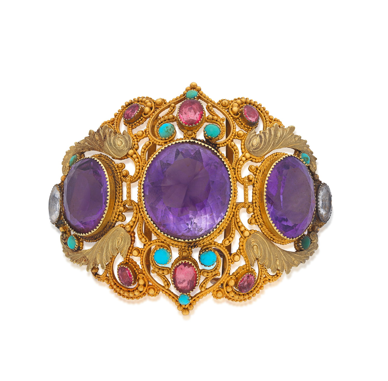 AMETHYST AND GEM-SET BROOCH: AMETHYST AND GEM-SET BROOCH The oval-cut amethysts, graduating in size towards the centre, within a cannetille surround with bead and acanthus leaf motifs, accented by turquoise cabochons, oval-cut to