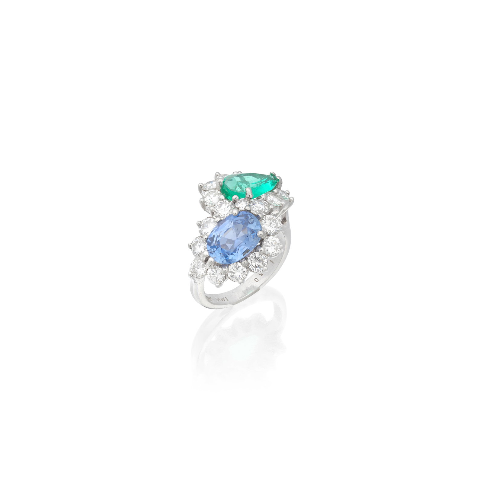 EMERALD, SAPPHIRE AND DIAMOND 'TOI ET MOI' RING: EMERALD, SAPPHIRE AND DIAMOND 'TOI ET MOI' RING The pear-cut emerald and the oval-cut sapphire set within a border of brilliant-cut diamonds, diamonds weighing approx. 1.80cts total, ring size