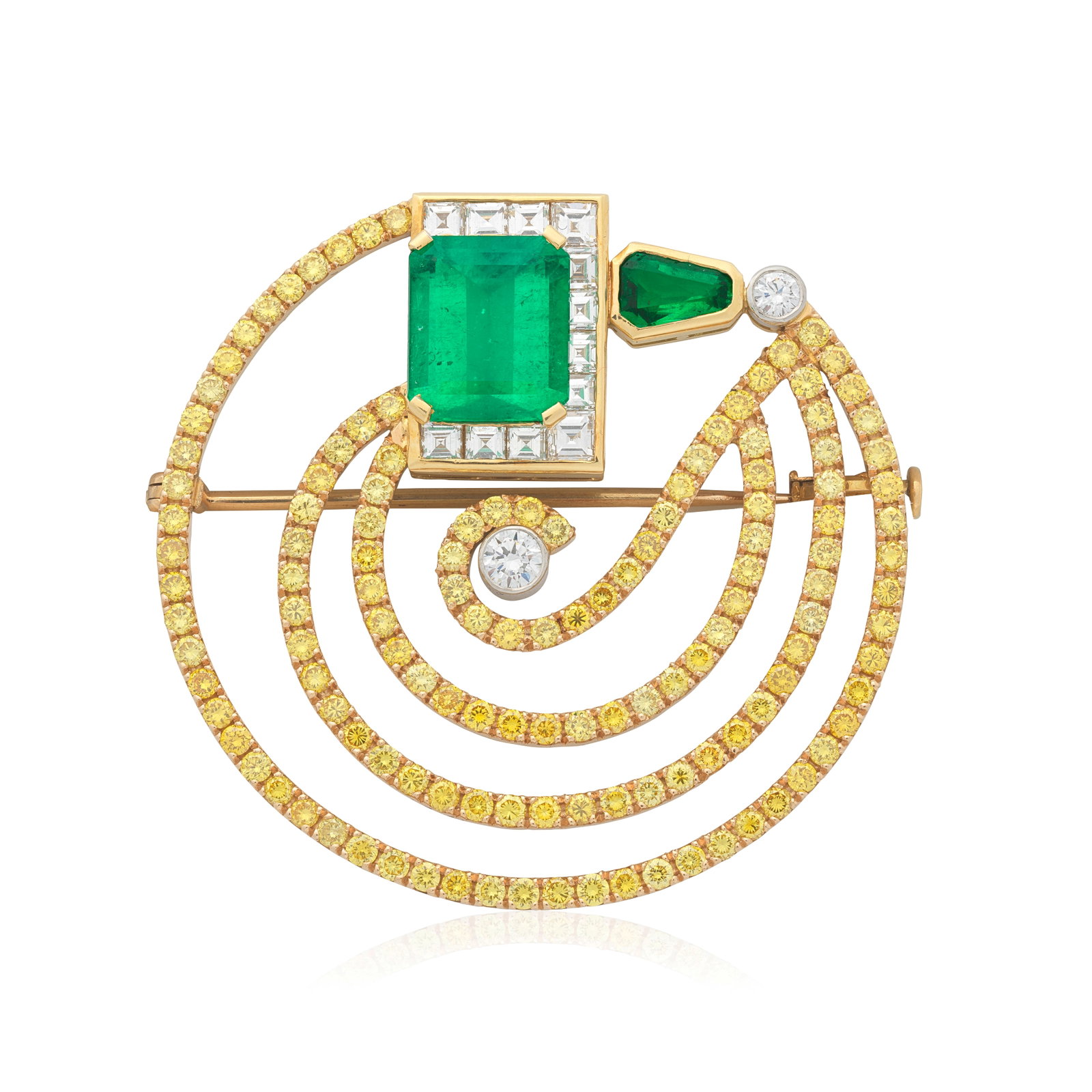 ANNE BAILEY: EMERALD, DIAMOND AND COLOURED DIAMOND BROOCH, 2017: ANNE BAILEY: EMERALD, DIAMOND AND COLOURED DIAMOND BROOCH, 2017 Of abstract design, set with an octagonal step-cut emerald to a partial border of square-cut diamonds, to an openwork surround of brilli