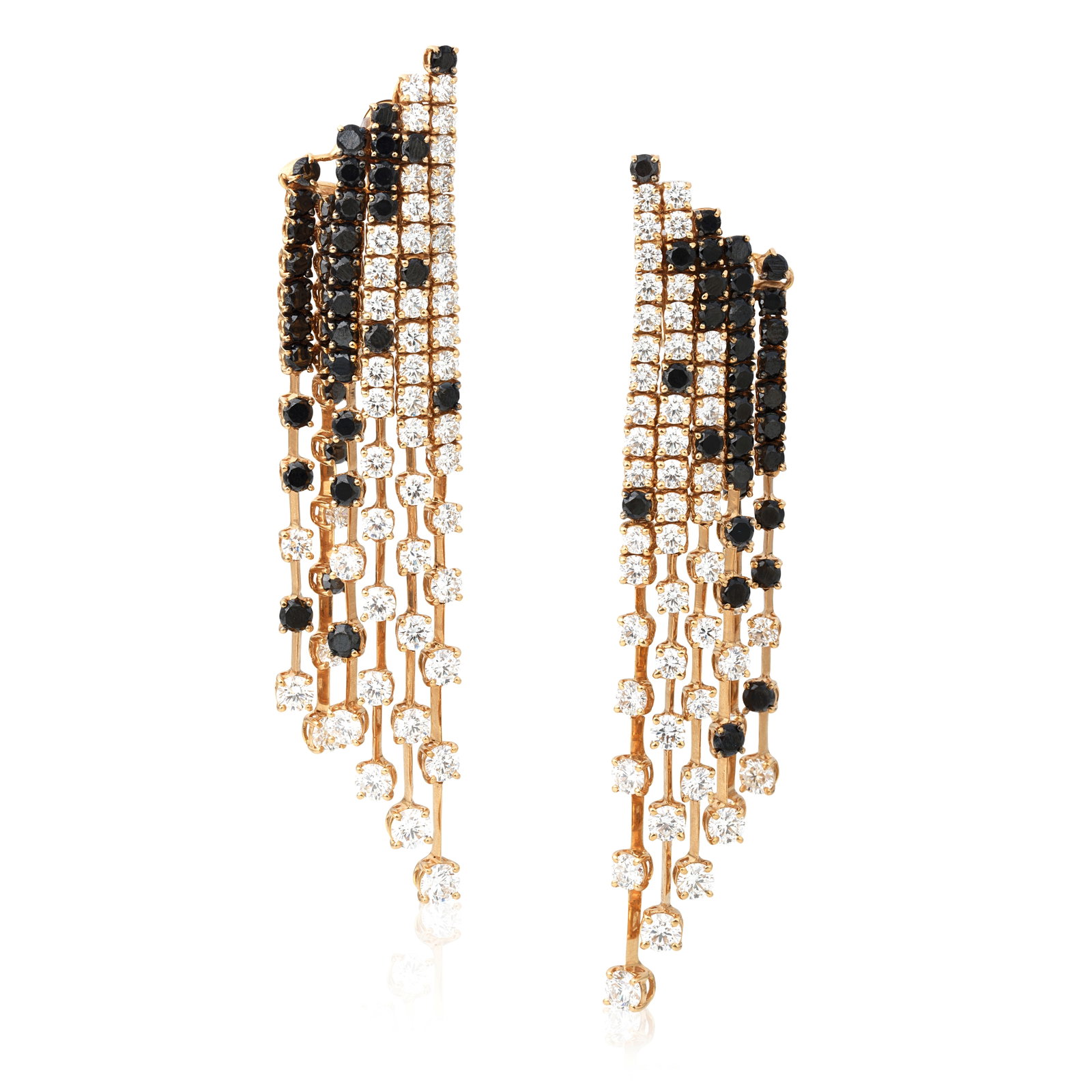 DIAMOND AND BLACK DIAMOND PENDENT EARRINGS: DIAMOND AND BLACK DIAMOND PENDENT EARRINGS Each with six rows of brilliant-cut diamonds and treated black diamonds, remaining diamonds approx. 10.86cts total, length 8.0cm Footnotes: WGI: Irradiated b