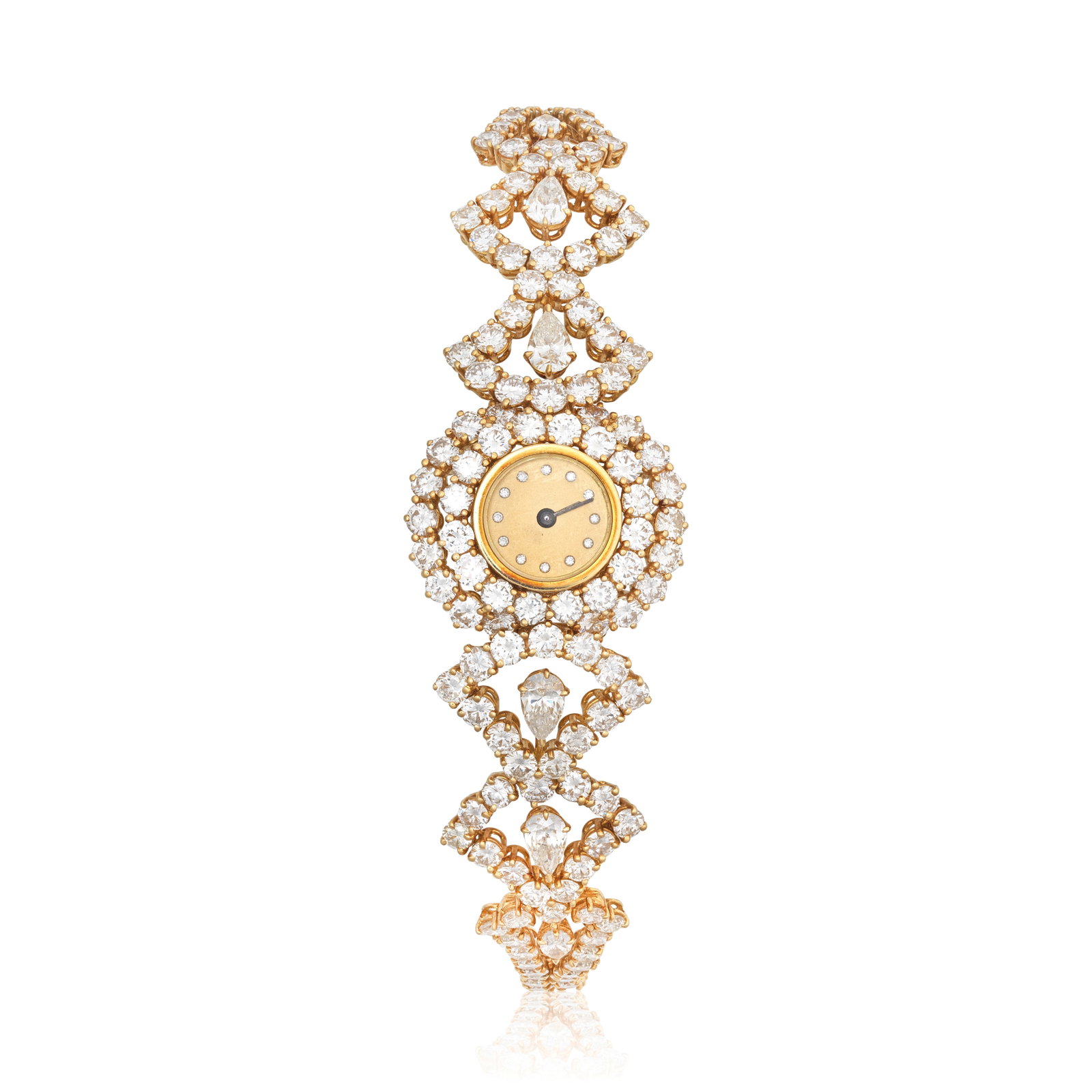 DIAMOND-SET WATCH: DIAMOND-SET WATCH The dial with brilliant-cut diamond hour markers, to a brilliant and pear-cut diamond bracelet, diamonds approx. 14.40cts total, inner circumference approx. 14.2cm For further inform