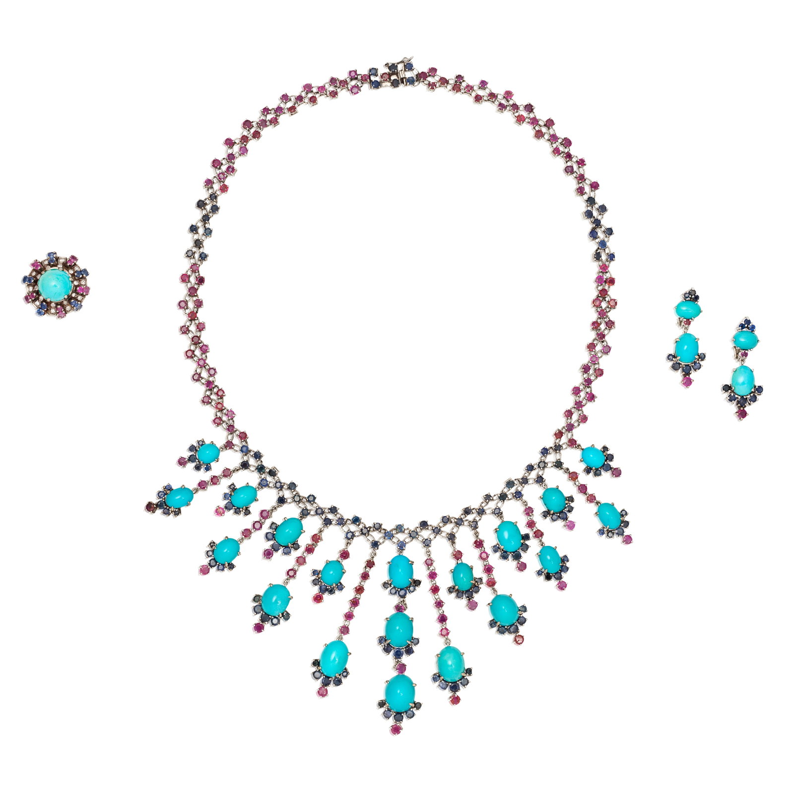 TURQUOISE, RUBY AND SAPPHIRE NECKLACE, EARRING AND RING SUITE (3): TURQUOISE, RUBY AND SAPPHIRE NECKLACE, EARRING AND RING SUITE The necklace of fringe design set with turquoise cabochons suspended from rows of circular-cut rubies and sapphires, to a similarly-set ch