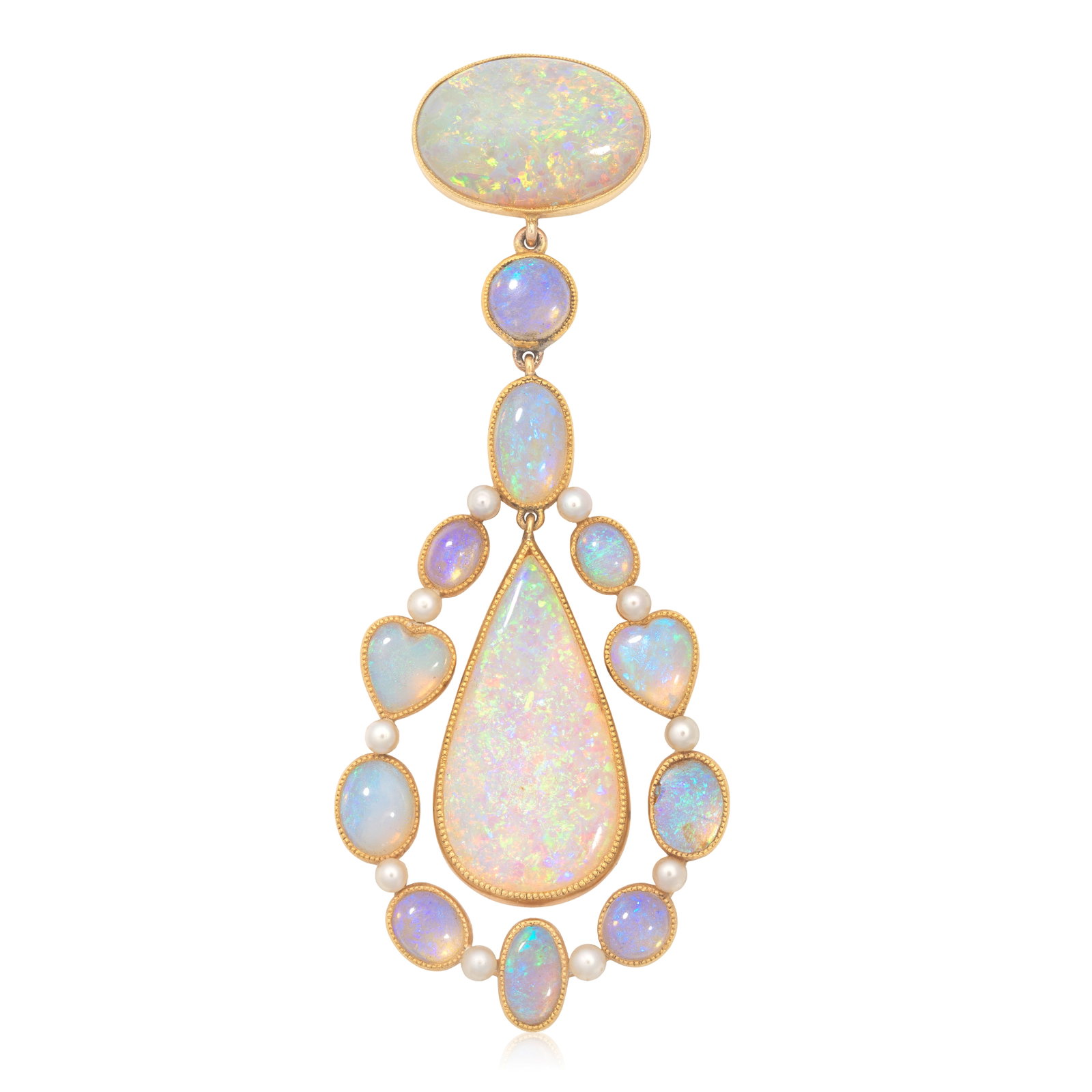 OPAL AND CULTURED PEARL PENDENT BROOCH,: OPAL AND CULTURED PEARL PENDENT BROOCH, The oval-shaped opal cabochon suspending vari-cut opals, between cultured pearls, length 7.0cm For further information on this lot please visit Bonhams.com