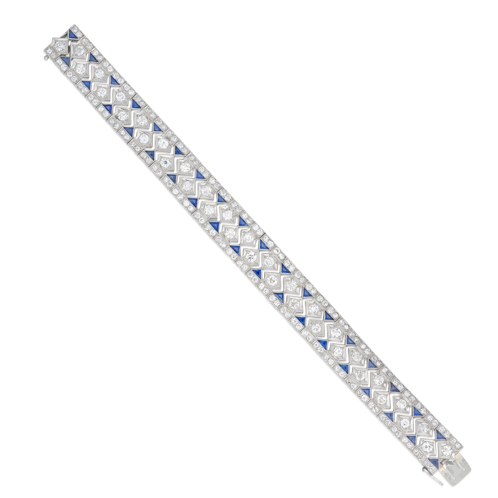 SAPPHIRE AND DIAMOND BRACELET, CIRCA 1925: SAPPHIRE AND DIAMOND BRACELET, CIRCA 1925 The openwork bracelet set alternately with old brilliant-cut diamonds and triangular-cut sapphires, millegrain-set in platinum, French assay mark, diamonds ap