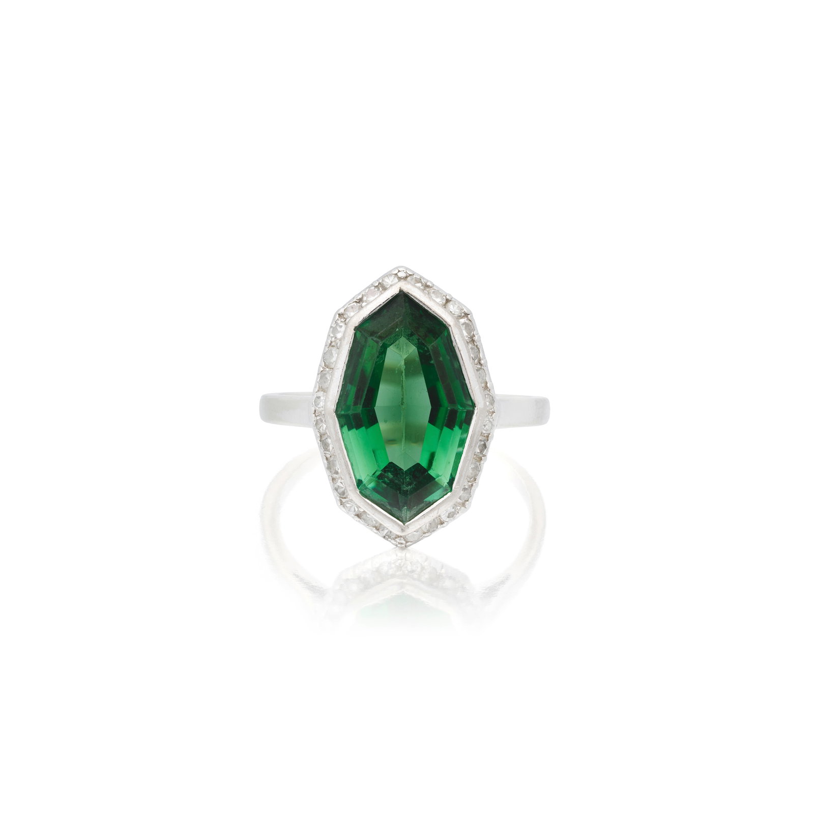 TOURMALINE AND DIAMOND RING,: TOURMALINE AND DIAMOND RING, The fancy-cut tourmaline to a surround of single-cut diamonds, ring size approx. M½ For further information on this lot please visit Bonhams.com