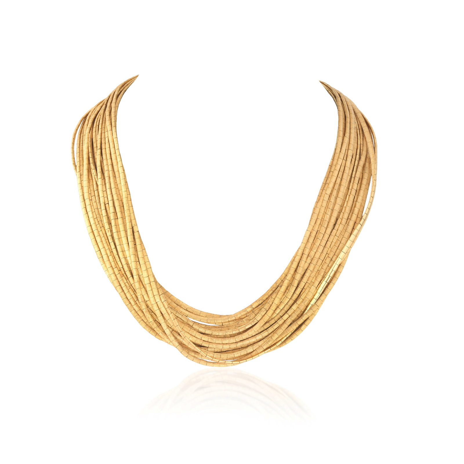 MULTI-ROW NECKLACE: MULTI-ROW NECKLACE Of textured fancy linking, the links of brushed satin finish, length of shortest row approx. 43.0cm For further information on this lot please visit Bonhams.com