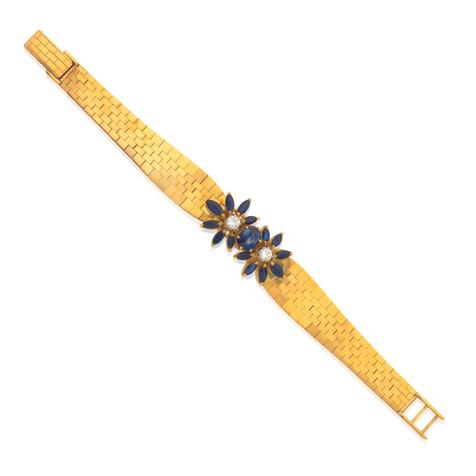 SAPPHIRE AND DIAMOND-SET BRACELET: SAPPHIRE AND DIAMOND-SET BRACELET Of articulated brick linking, with two flower motifs composed of marquise-cut sapphires and brilliant-cut diamonds between an oval-cut sapphire, diamonds approx.