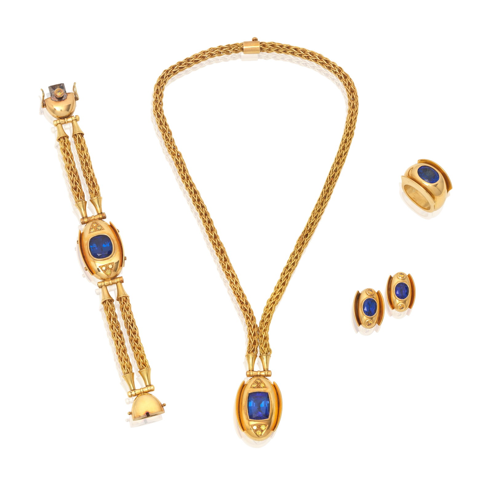 TANZANITE AND COLOURED DIAMOND NECKLACE, BRACELET, EARRING AND RING SUITE (5): TANZANITE AND COLOURED DIAMOND NECKLACE, BRACELET, EARRING AND RING SUITE Each set with a cushion-cut tanzanite accented by brilliant-cut diamonds of yellow tint, the necklace and bracelet of spiga li