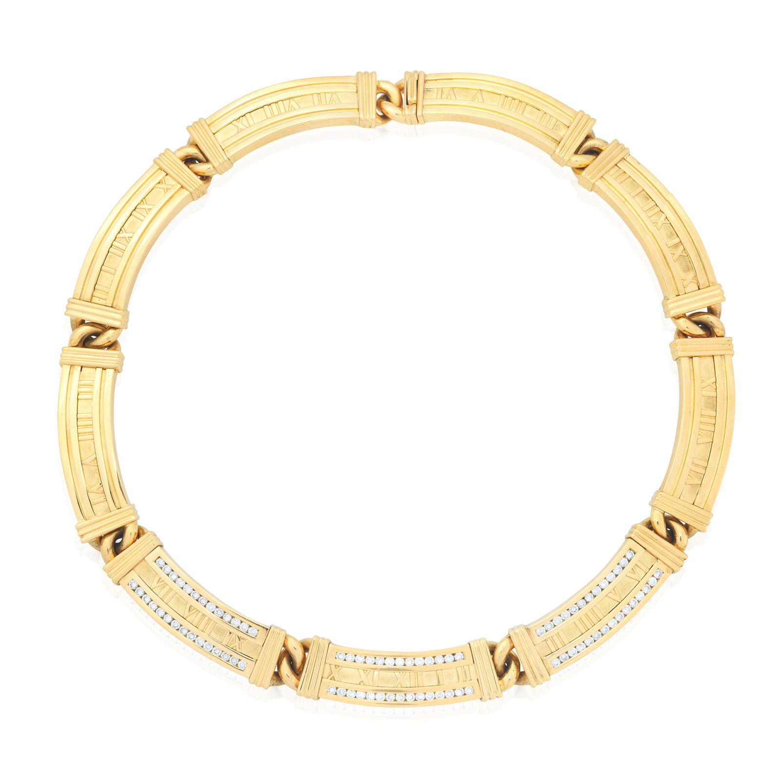 TIFFANY: DIAMOND-SET 'ATLAS' NECKLACE: TIFFANY: DIAMOND-SET 'ATLAS' NECKLACE Each plaque with a series of Roman numerals, the front accented by borders of brilliant-cut diamonds, signed Tiffany & Co., brilliant-cut diamonds approx. 3.35cts