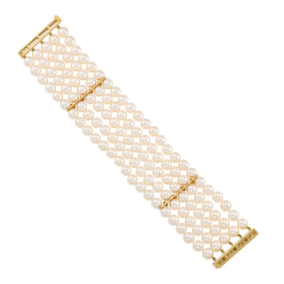 MIKIMOTO: 18K YELLOW GOLD, CULTURED PEARL, AND DIAMOND BRACELET - 2
