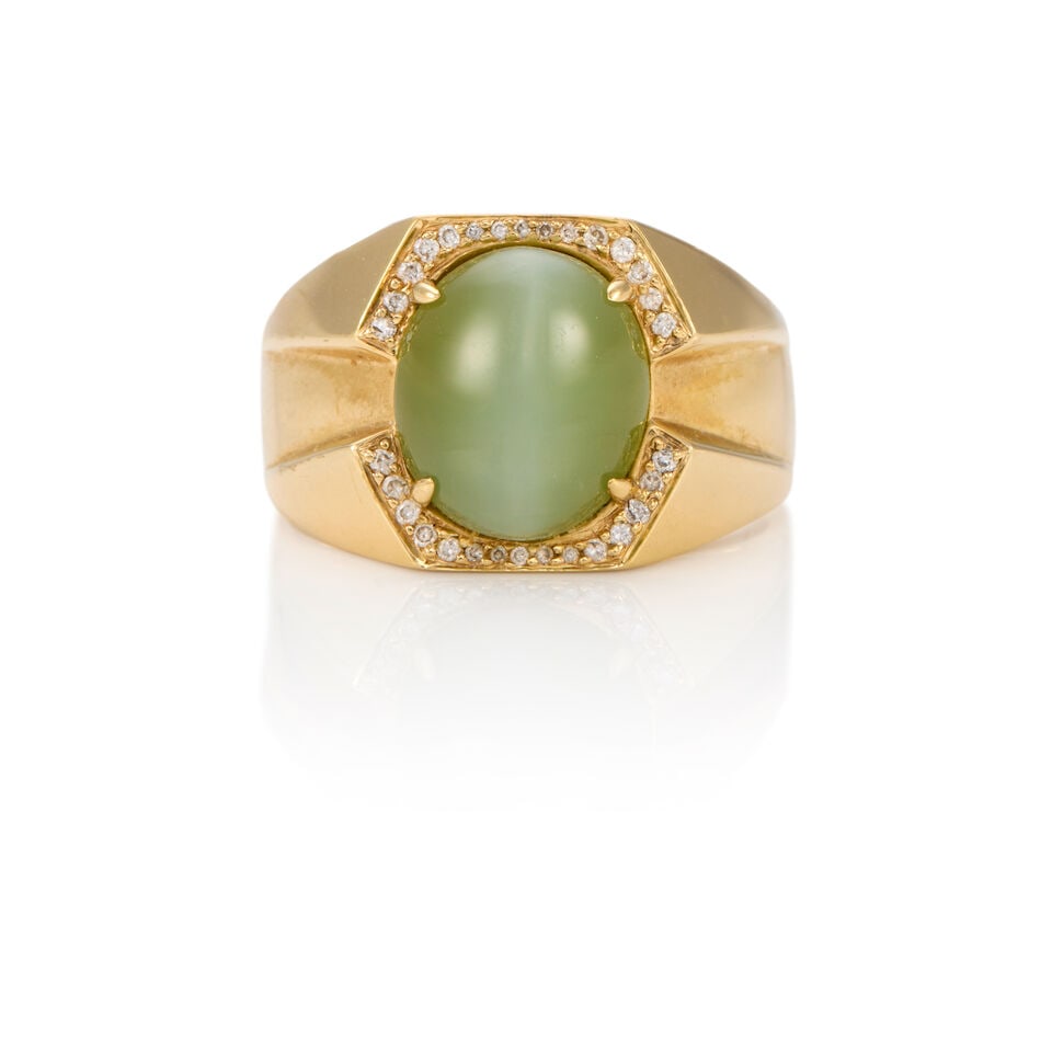 14K YELLOW GOLD, CAT'S EYE CHRYSOBERYL AND DIAMOND RING: 14K YELLOW GOLD, CAT'S EYE CHRYSOBERYL AND DIAMOND RING • A cat's eye chrysoberyl measuring approximately 13.07mm x 10.20mm x 5.47mm • Numerous melee diamonds • Size 9 1/4 •