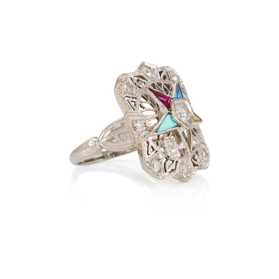 14K WHITE GOLD, DIAMOND AND MULTI-GEM RING, Circa 1948 - 2