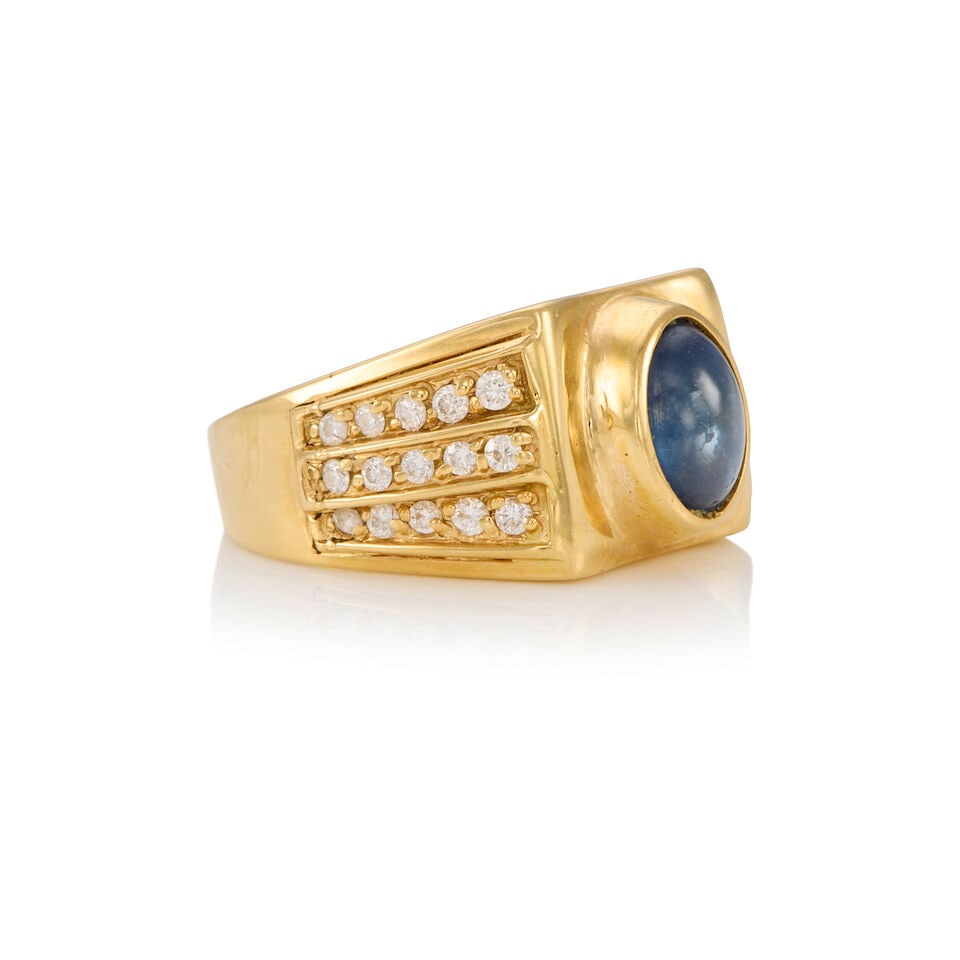 18K YELLOW GOLD, STAR SAPPHIRE, AND DIAMOND RING - 2