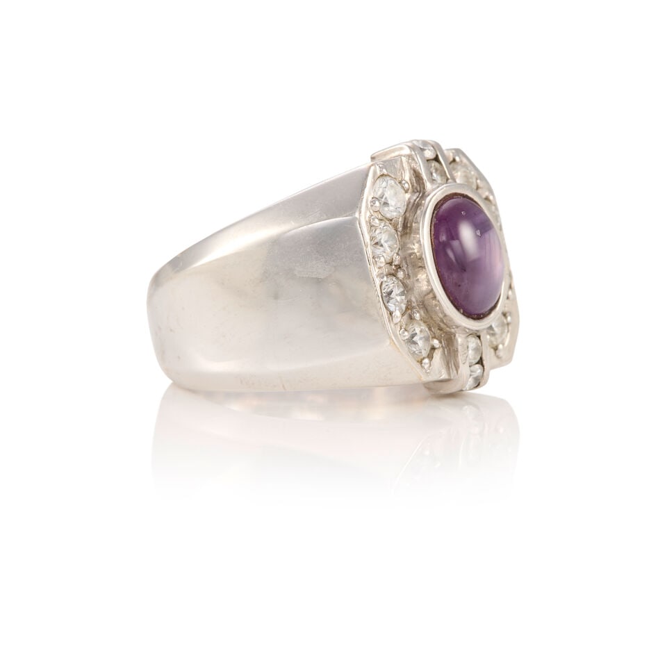 18K WHITE GOLD, STAR SAPPHIRE, AND DIAMOND RING - 2