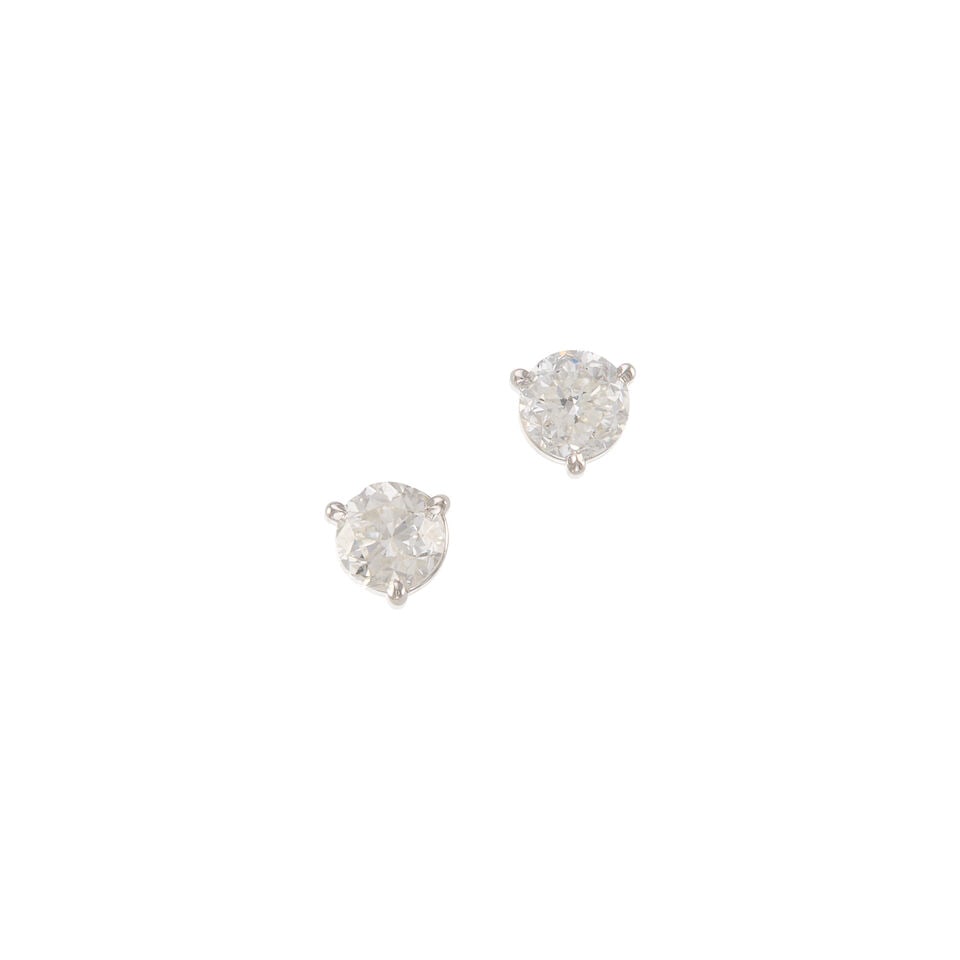 ONE PAIR 14K WHITE GOLD AND DIAMOND EAR STUDS: ONE PAIR 14K WHITE GOLD AND DIAMOND EAR STUDS • Two round brilliant cut diamonds weighing approximately 1.95 carats total • Measures 3/4 in. x 5/16 in. • Estimated gross weight 1.3