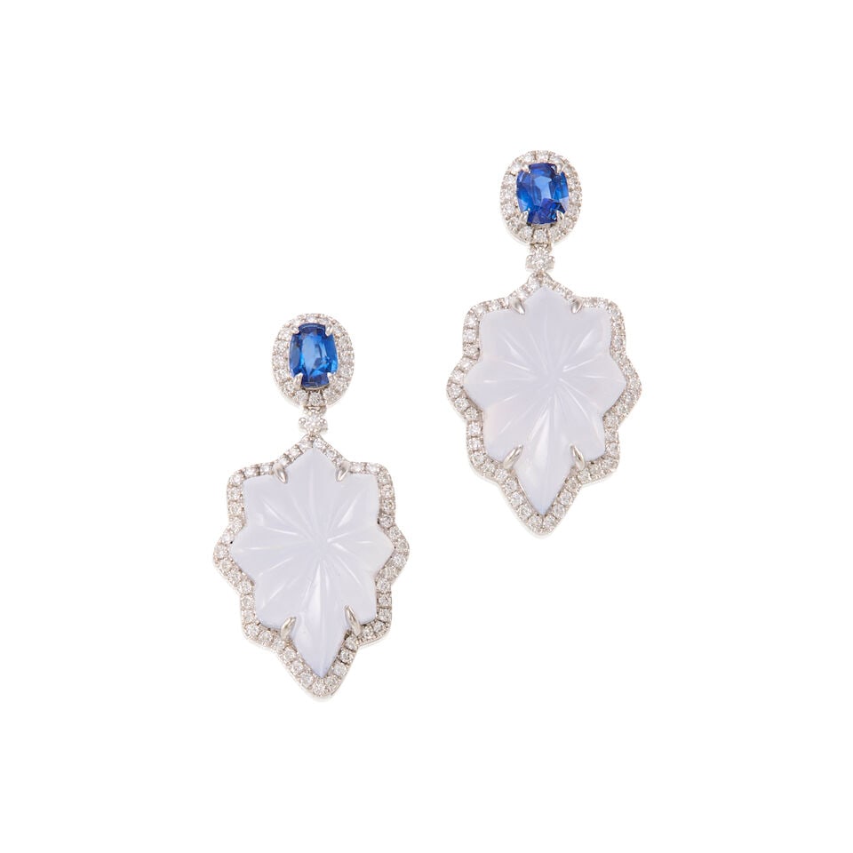 PLATINUM, GEMSET AND DIAMOND EARRIGNS: PLATINUM, GEMSET AND DIAMOND EARRIGNS • Two oval shaped sapphires weighing approximately 0.60 carat total • Two carved chalcedony pieces measuring approximately 18.21mm x 13.01mm x