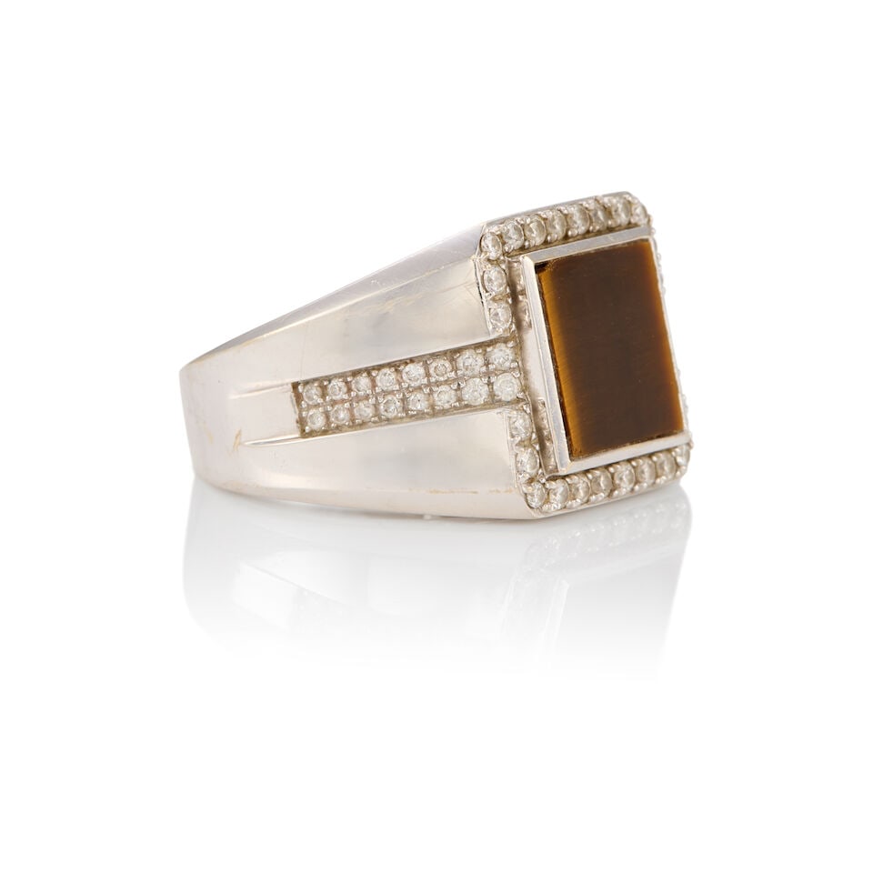 18K WHITE GOLD, TIGER'S EYE, AND DIAMOND RING - 2