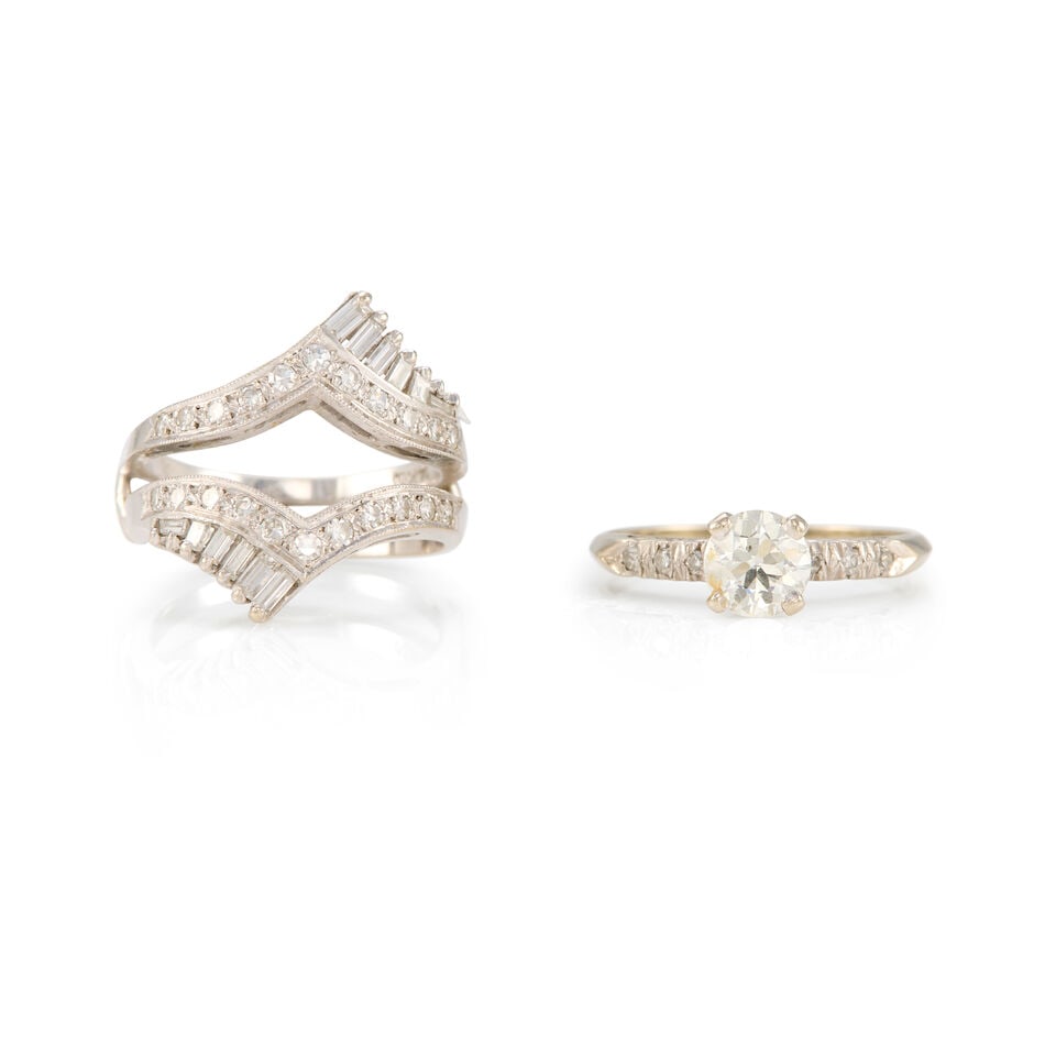 WHITE GOLD DIAMOND RING AND RING JACKET: WHITE GOLD DIAMOND RING AND RING JACKET • A 13K white gold ring with a round brilliant cut diamond weighing approximately 0.74 carat, with six melee diamonds, size 7 3/4 • A 14K white
