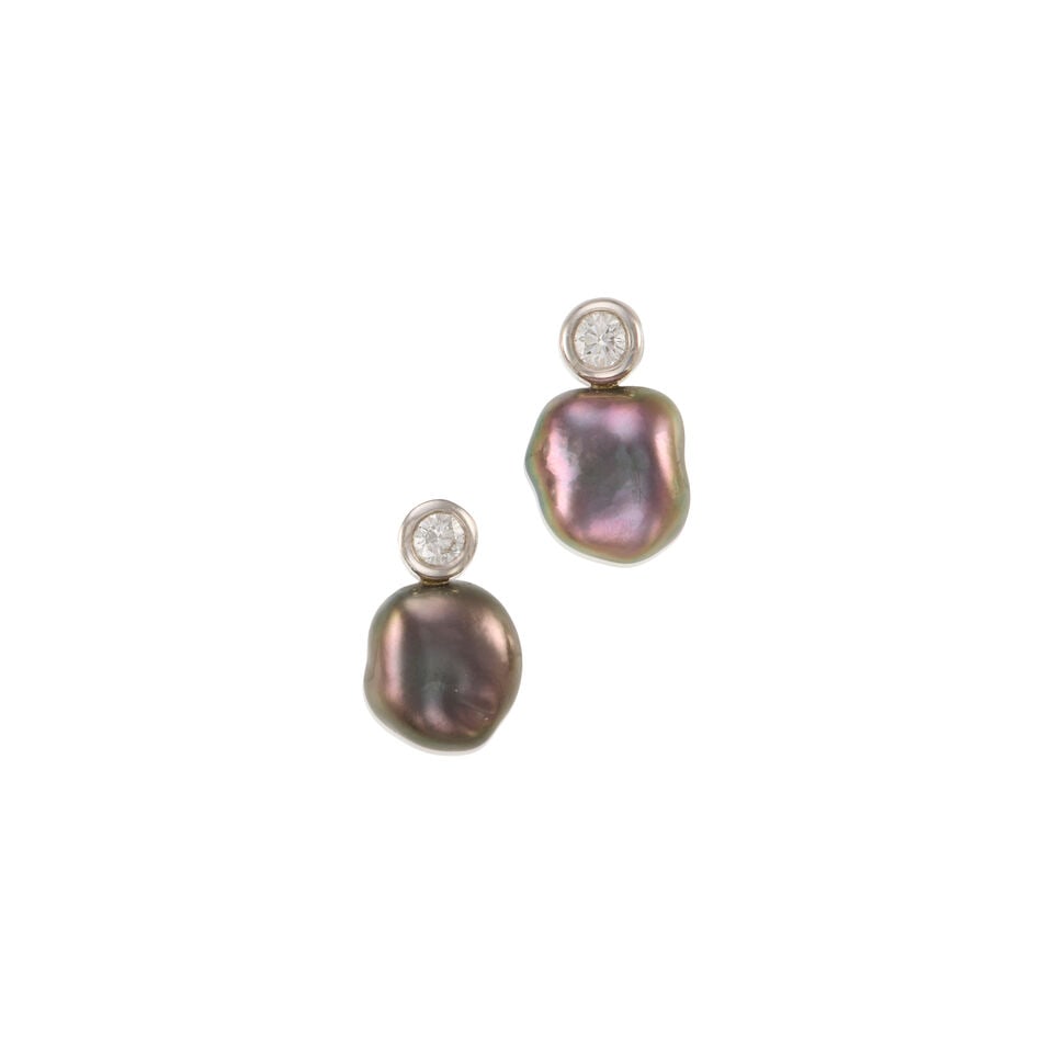 ELSA PERETTI FOR TIFFANY & CO.: PAIR OF PLATINUM, CULTURED PEARL, AND DIAMOND EARRINGS: ELSA PERETTI FOR TIFFANY & CO.: PAIR OF PLATINUM, CULTURED PEARL, AND DIAMOND EARRINGS • Two baroque shape cultured pearls measuring approximately 10.80mm x 9.80mm x 7.65mm • Two round